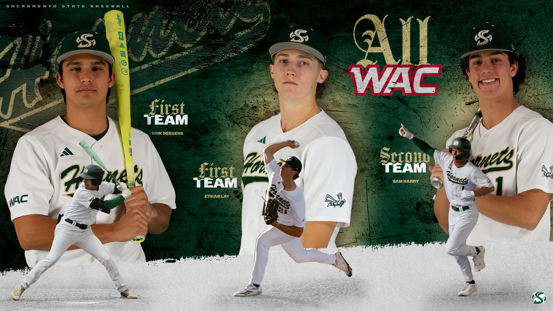 2026 BSB All-Western Athletic Conference awards graphic featuring photos of Erick Dessens, Ethan Lay, and Sam Harry