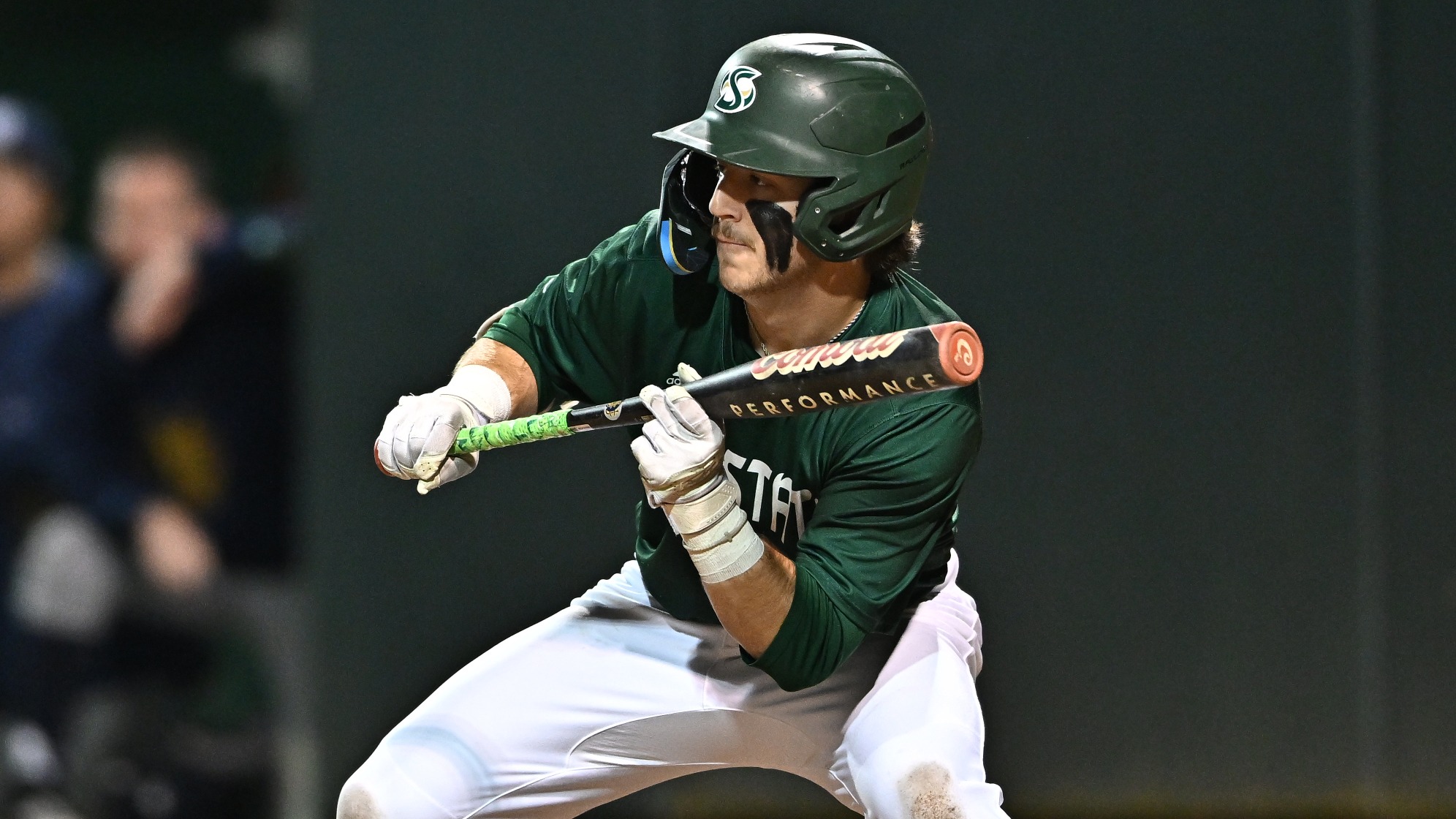 2026 BSB Michael Perazzo squares around to bunt in a game against UC Irvine in the season-opening series
