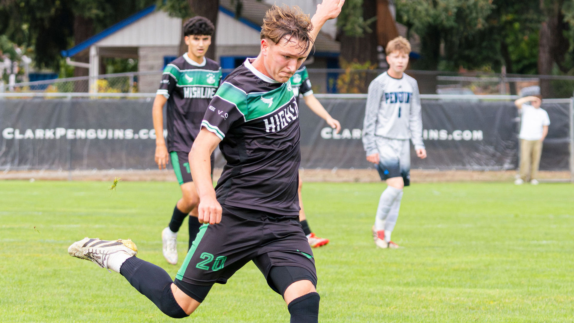 2026 MSOC Harrison Emert prepares to kick a ball as a member of the Highline College men's soccer team in 2025