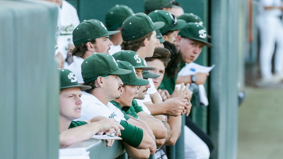 2026 BSB Hornet baseball players lean on the dugout rail during a game against San Francisco on April 14