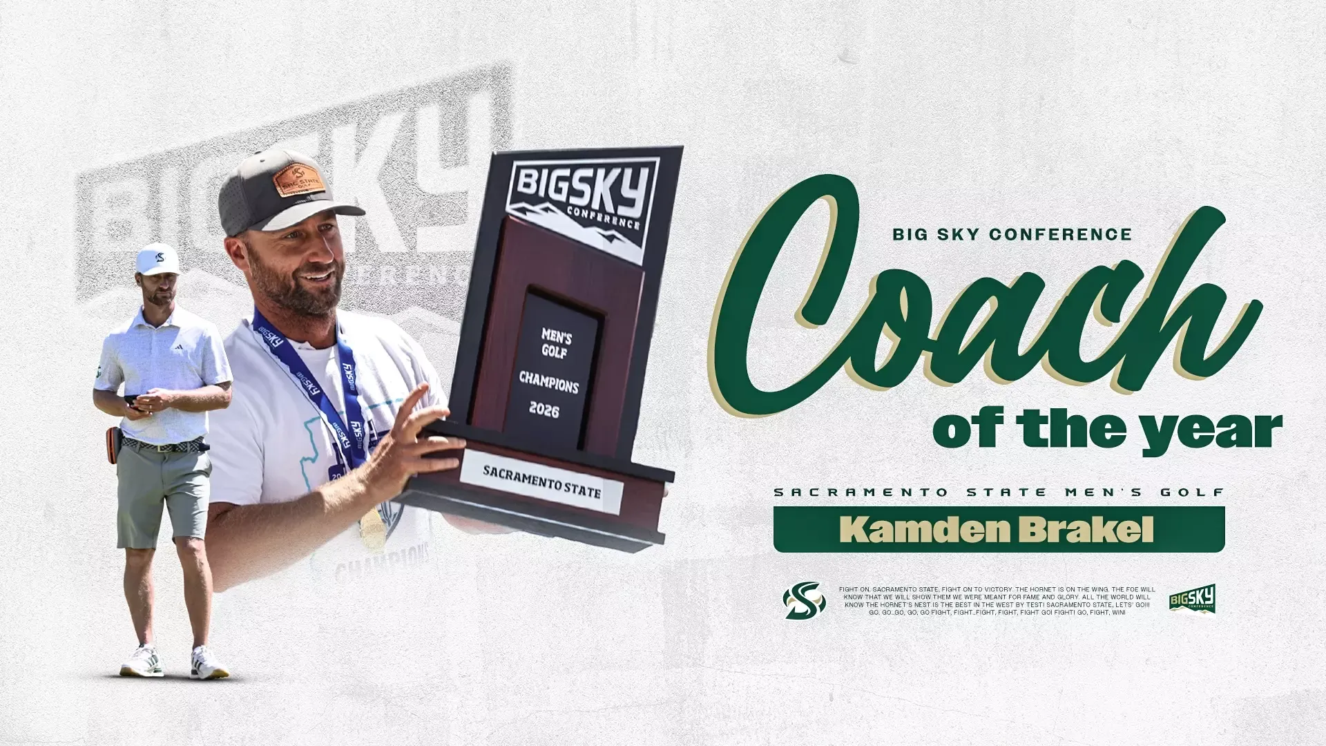 Graphic with two photos of Kamden Brakel and text saying Big Sky Men's Golf Coach of the Year