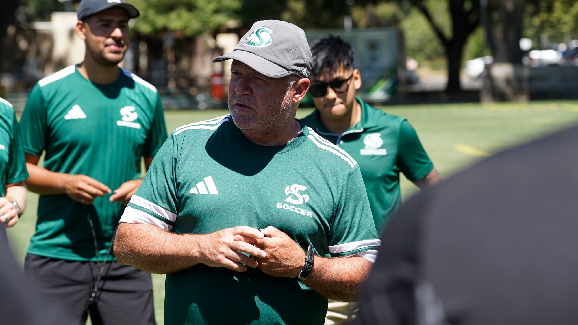 2025 MSOC Head Coach Michael Linenberger addresses the team during the team's first practice of the season 