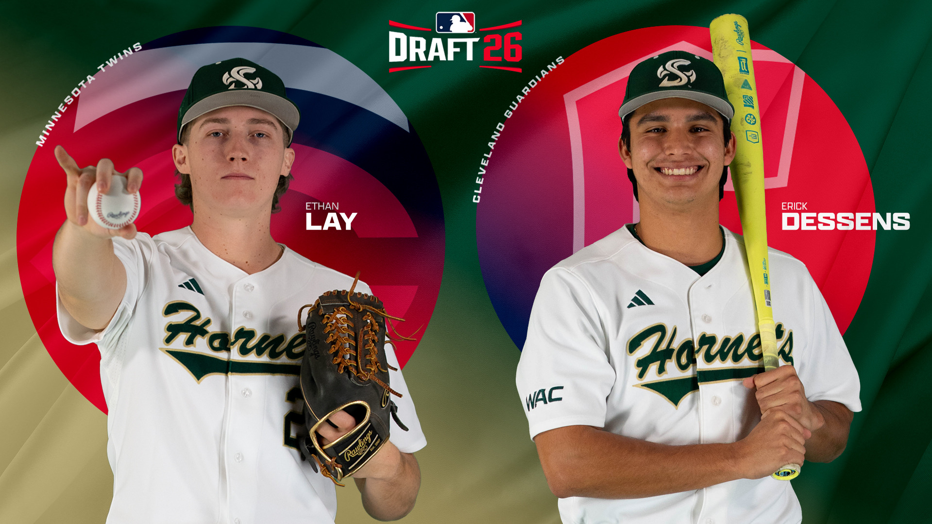 2026 Major League Baseball Draft graphic with photos of Ethan Lay on the right and Erick Dessens on the left in front of logos for the Minnesota Twins and Cleveland Guardians