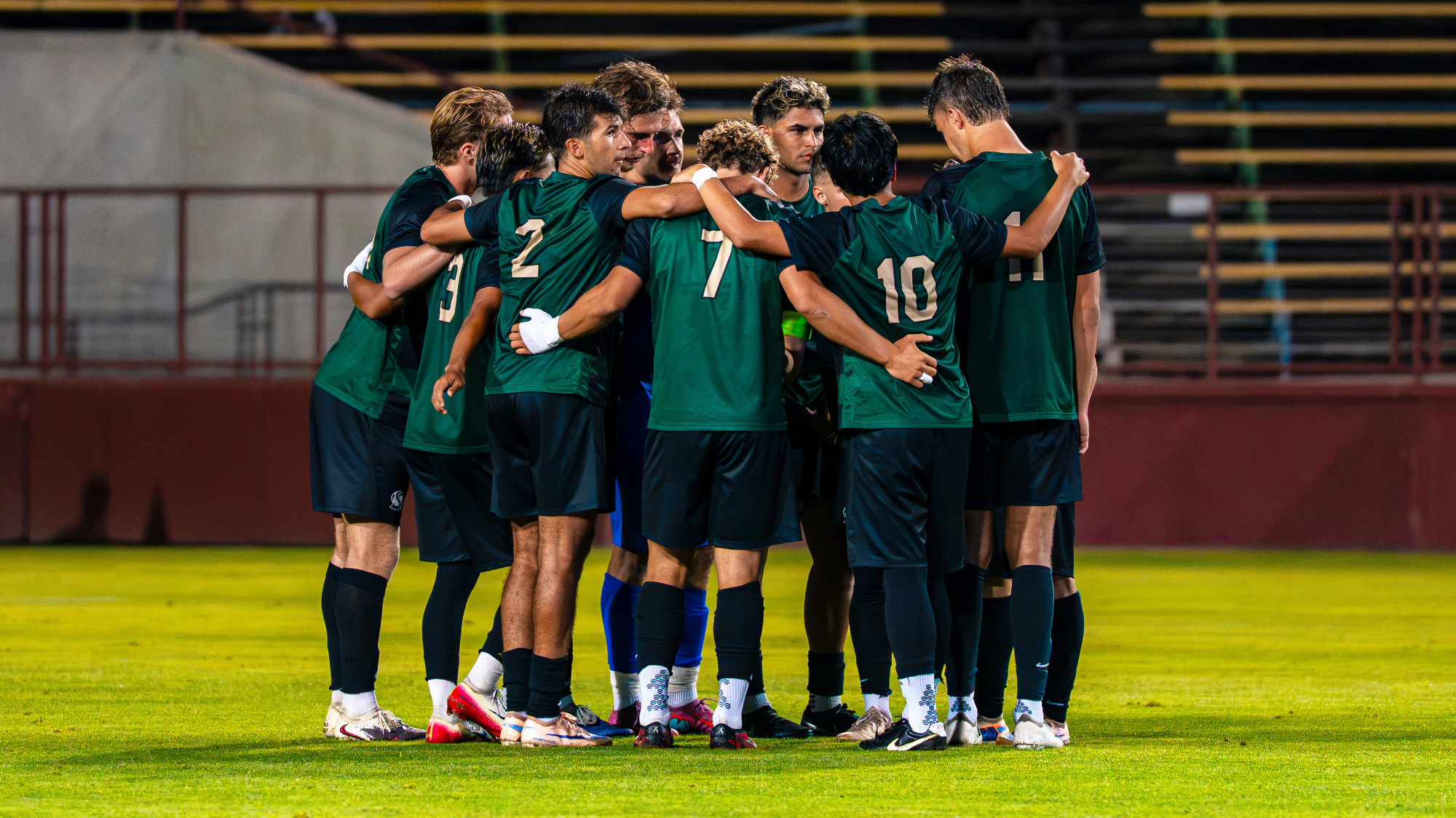 2026 MSOC Hornet players huddle during an exhibition match at Santa Clara on Aug. 8