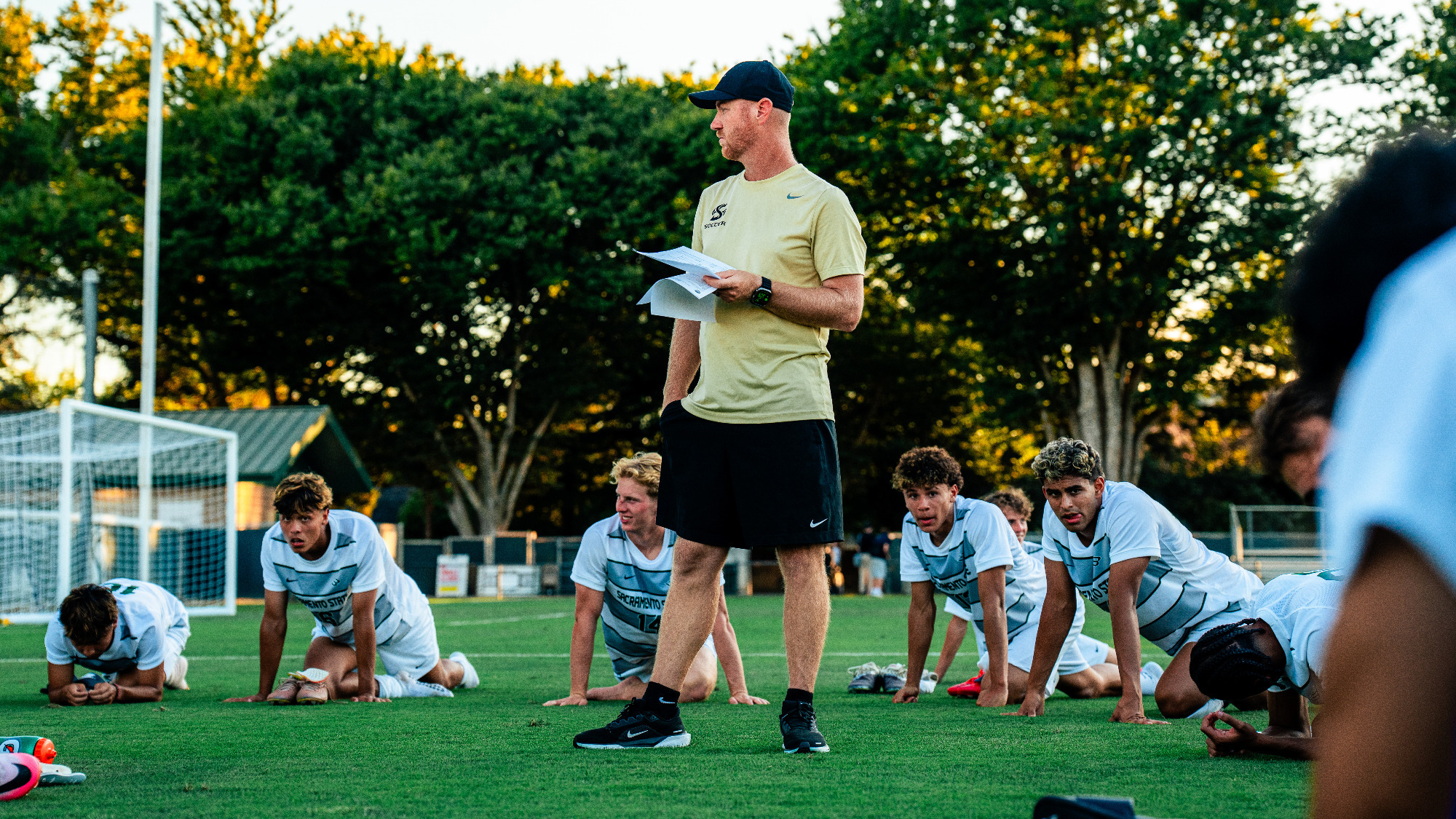 2026 MSOC Head Coach Matt McDougall addresses the team following a match against Menlo College