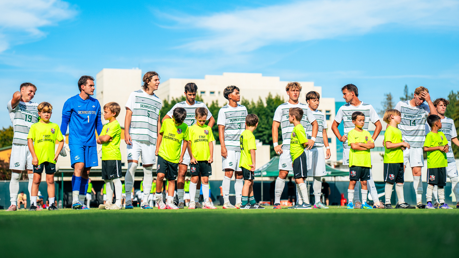 2026 MSOC Hornet starters line up at midfield with a local club team prior to the start of their match against No. 21 Grand Canyon