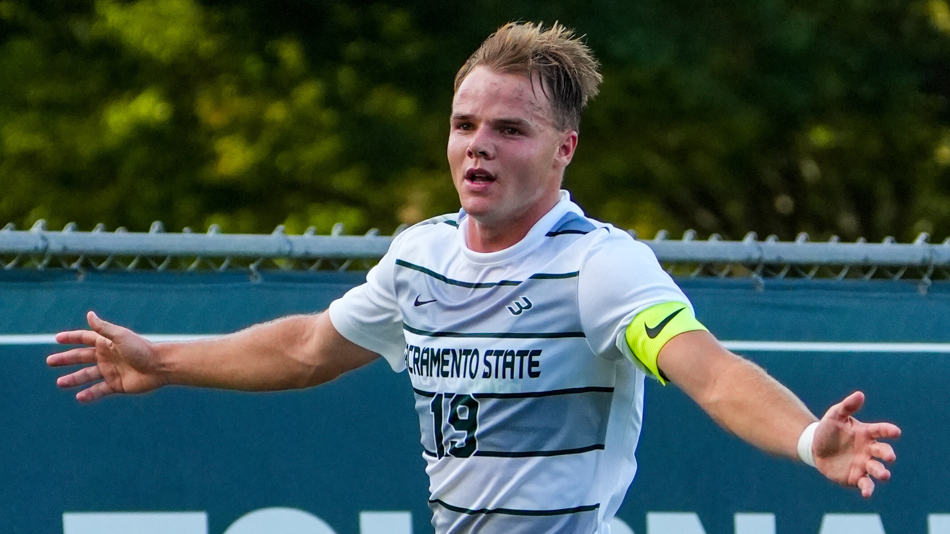2026 MSOC senior Zac Giles celebrates after scoring a goal during a 3-1 win over UC Davis in the team's regular season opener