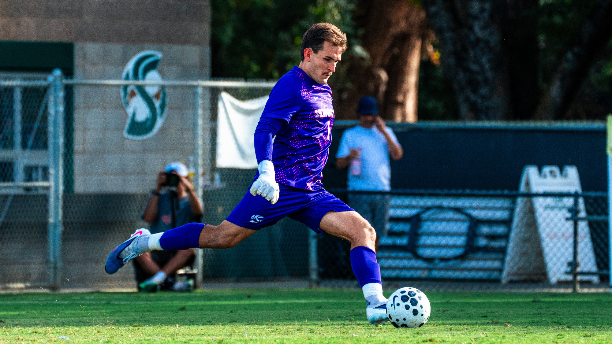 2026 MSOC goalkeeper Lucas Bost kicks a ball during a match against UC Davis