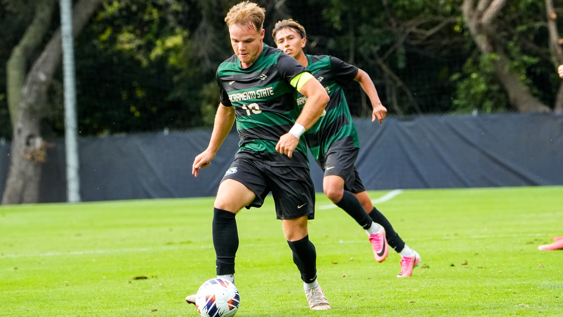 2026 MSOC Zac Giles dribbles a ball in a match at Saint Mary's earlier this year