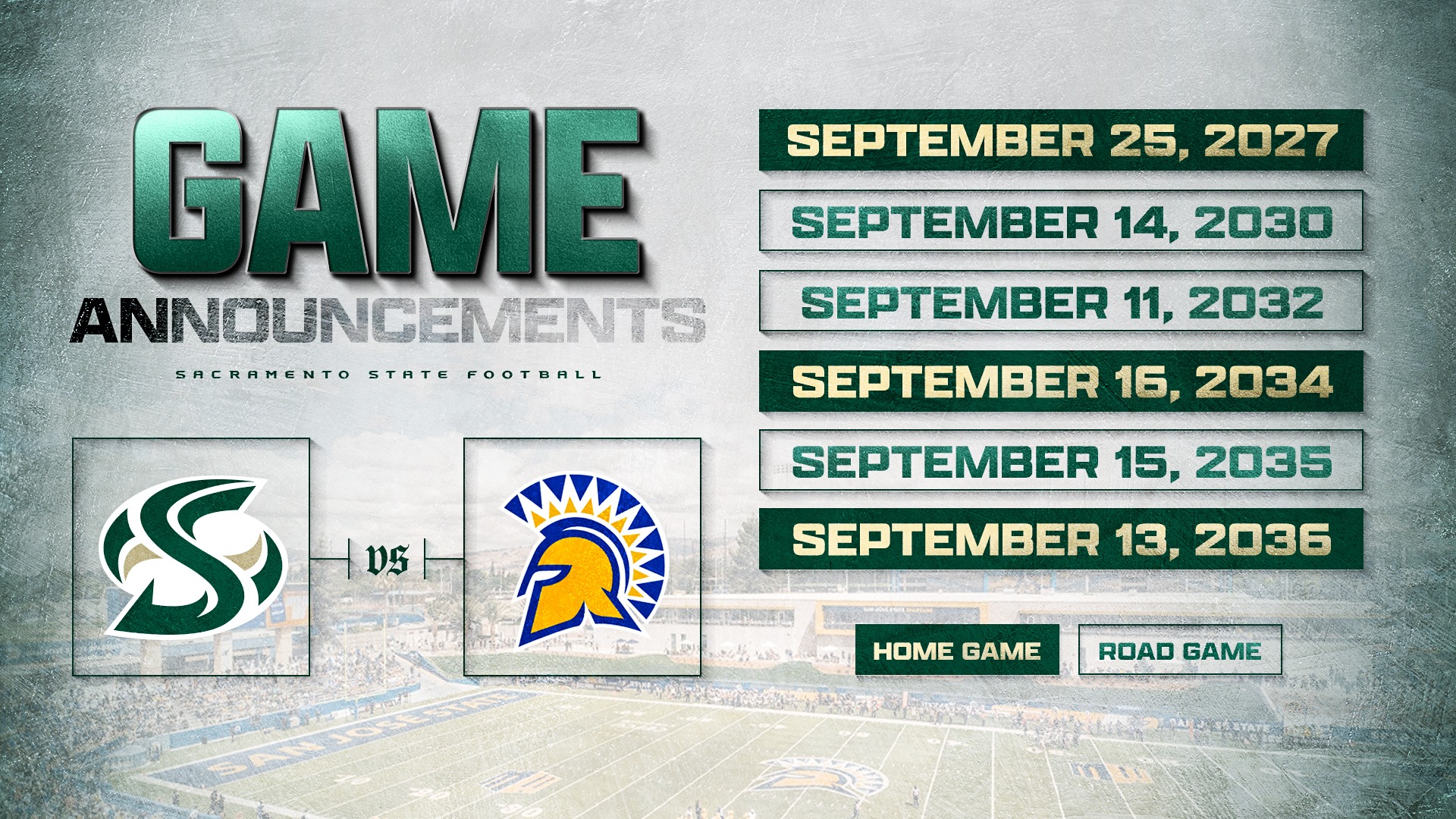 Graphic listing the six future football games between Sacramento State and San Jose State 
