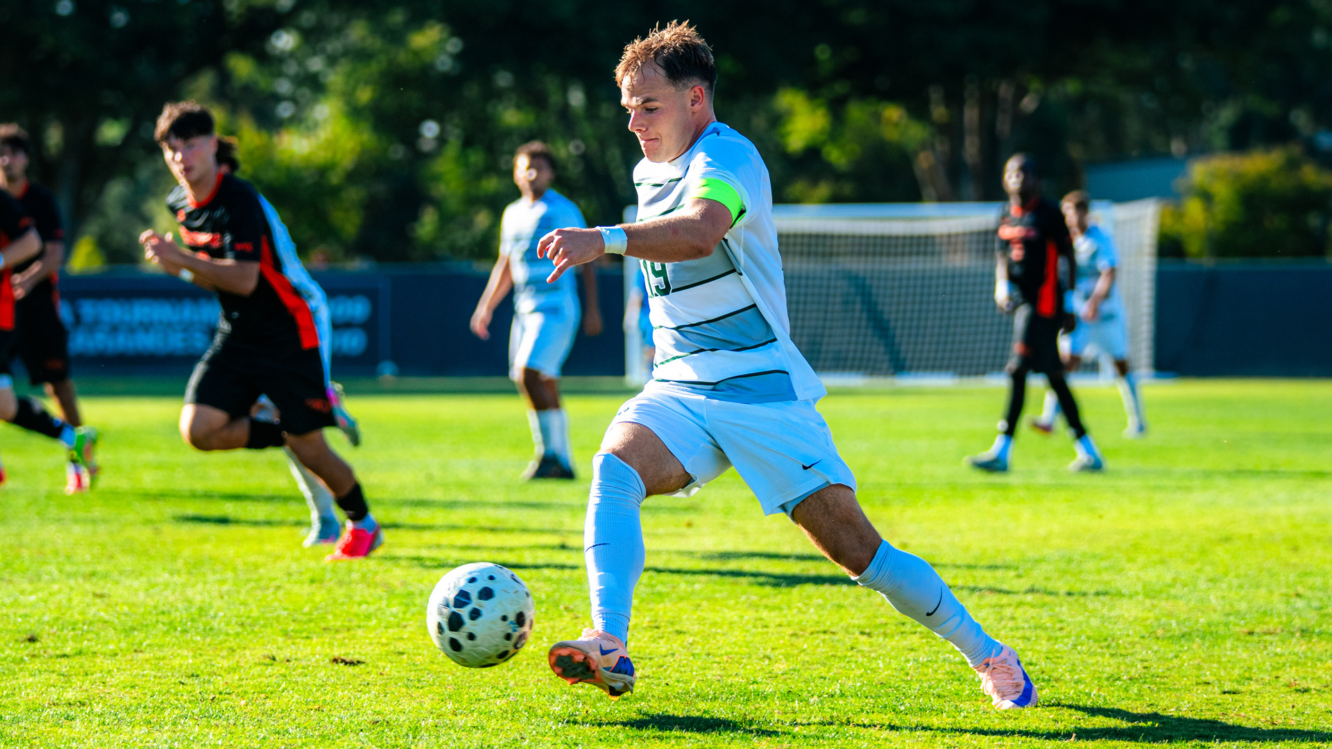2026 MSOC Sacramento State's Zac Giles dribbles a ball up the field against Pacific