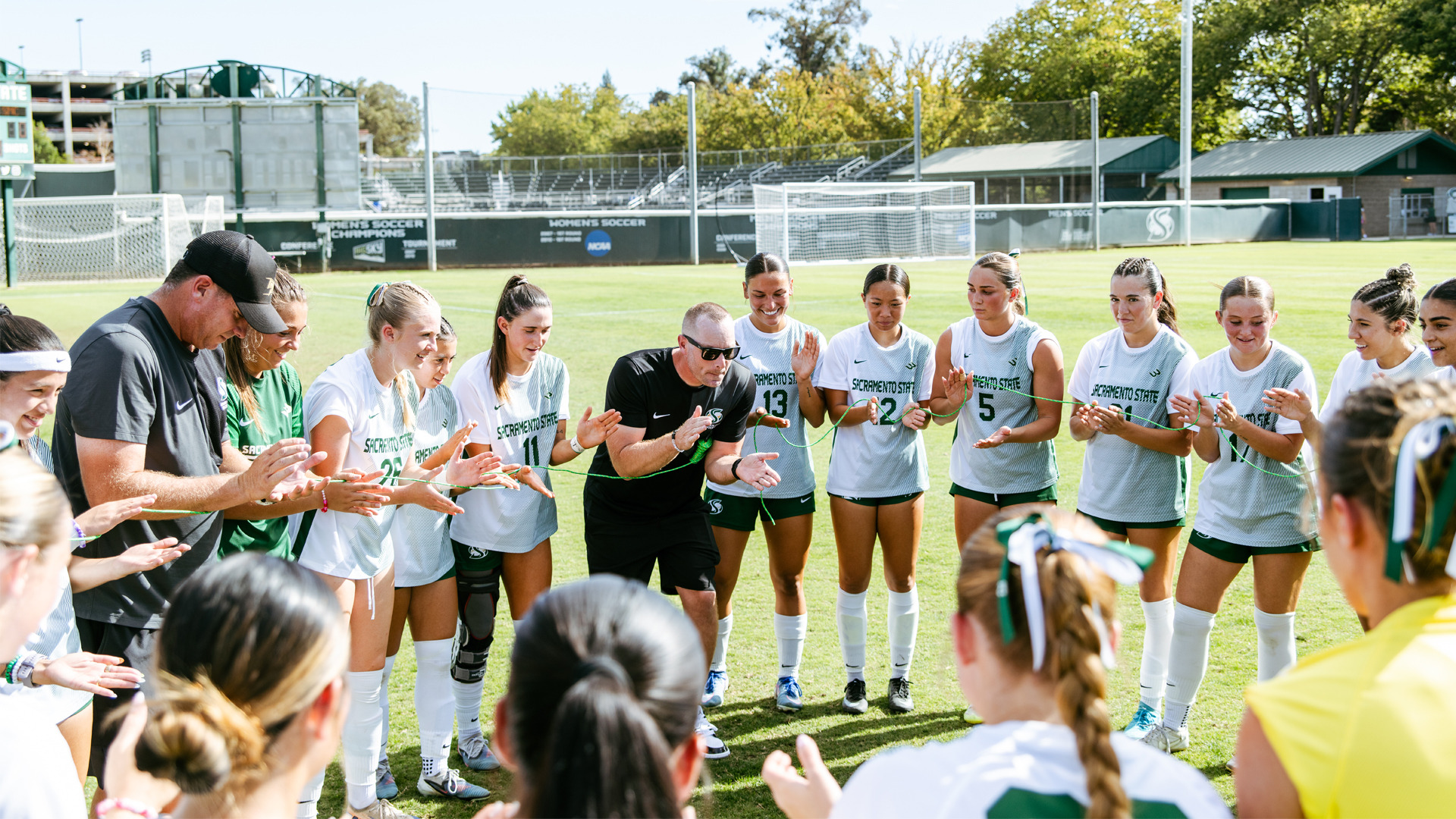 2026 WSOC the Hornets clap it up in the team huddle prior to kick-off against Saint Mary's