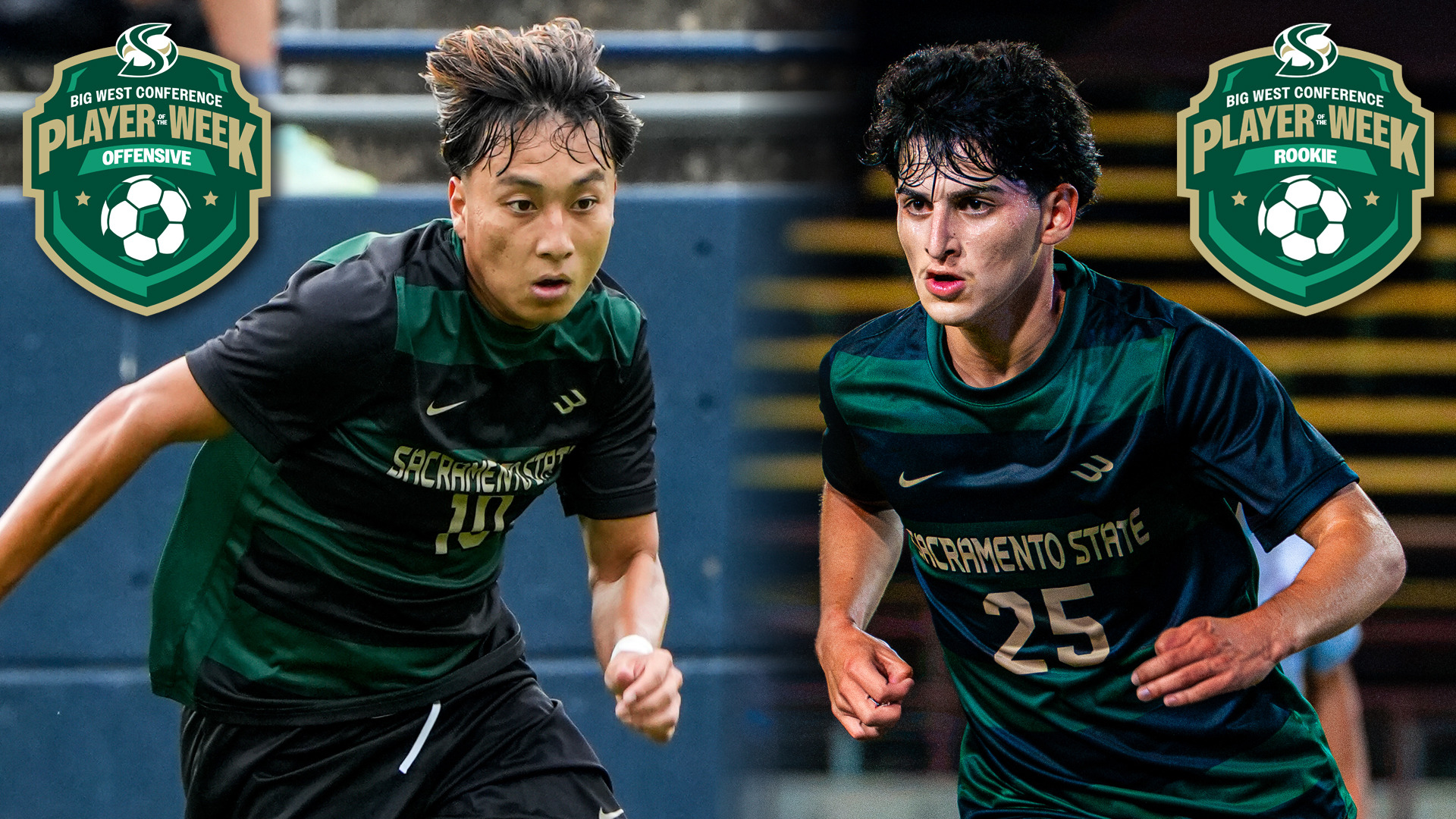 Action photos of Hiroshi Yang and Adrian Alvarenga for a Big West Players of the Week graphic