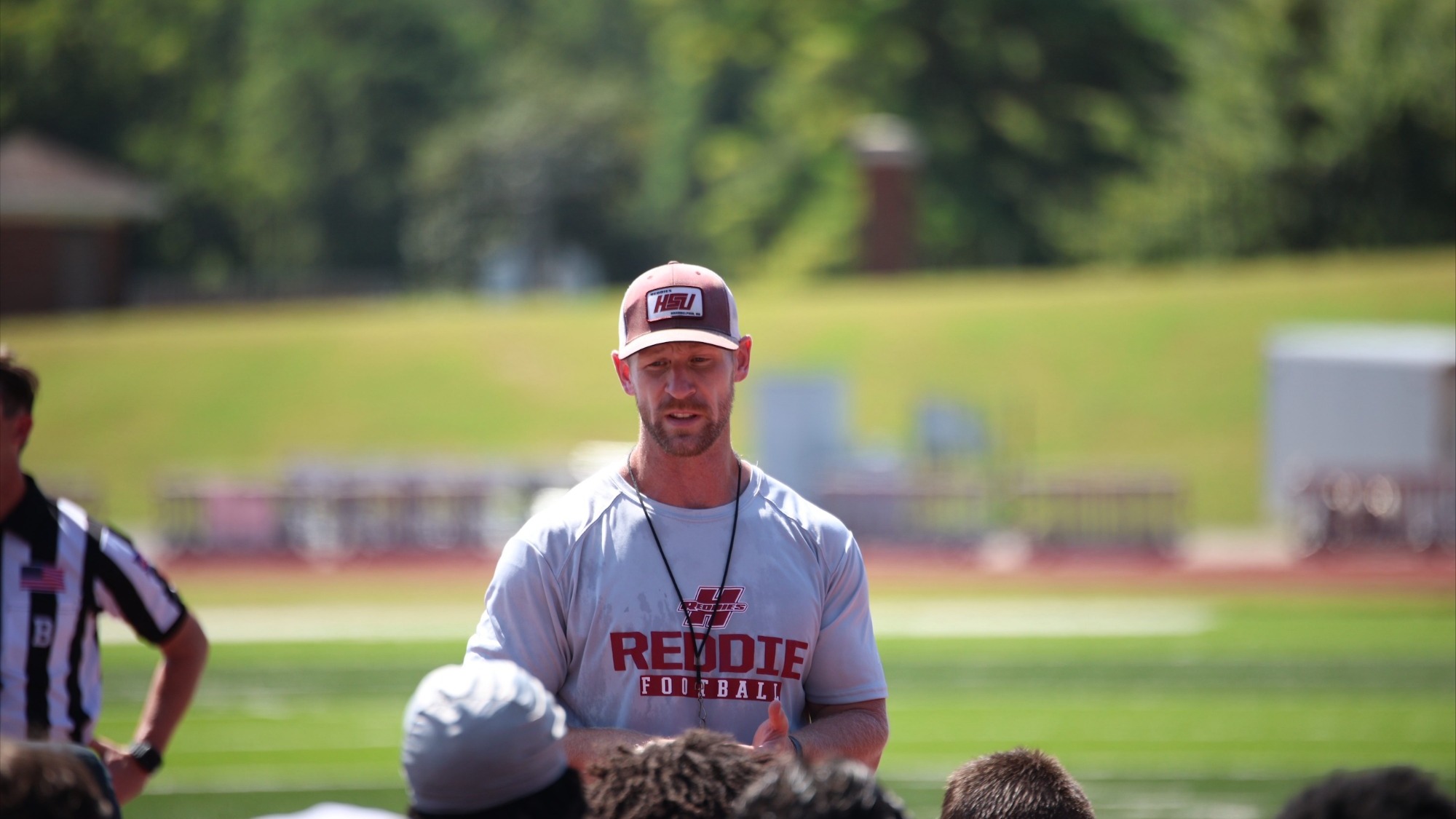 2026 Fall Camp story photo; Holsworth addresses team after first scrimmage