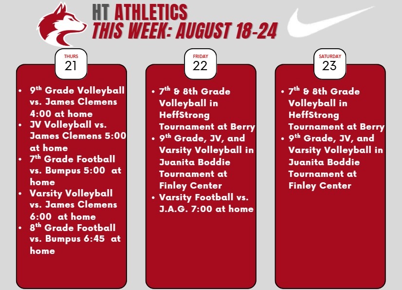 This week in HT Athletics including HTHS Volleyball Thursday starting at 4, HTMS football starting Thursday at 5, HTHS Football starting Friday at 7. 