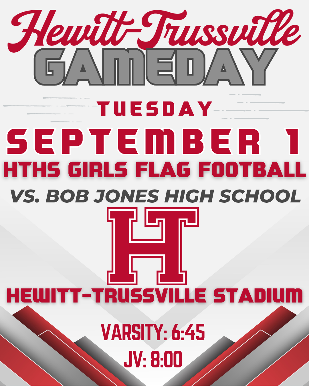 “Gameday graphic for HTHS Girls Flag Football vs. Bob Jones on September 1 with varsity and JV times.”
