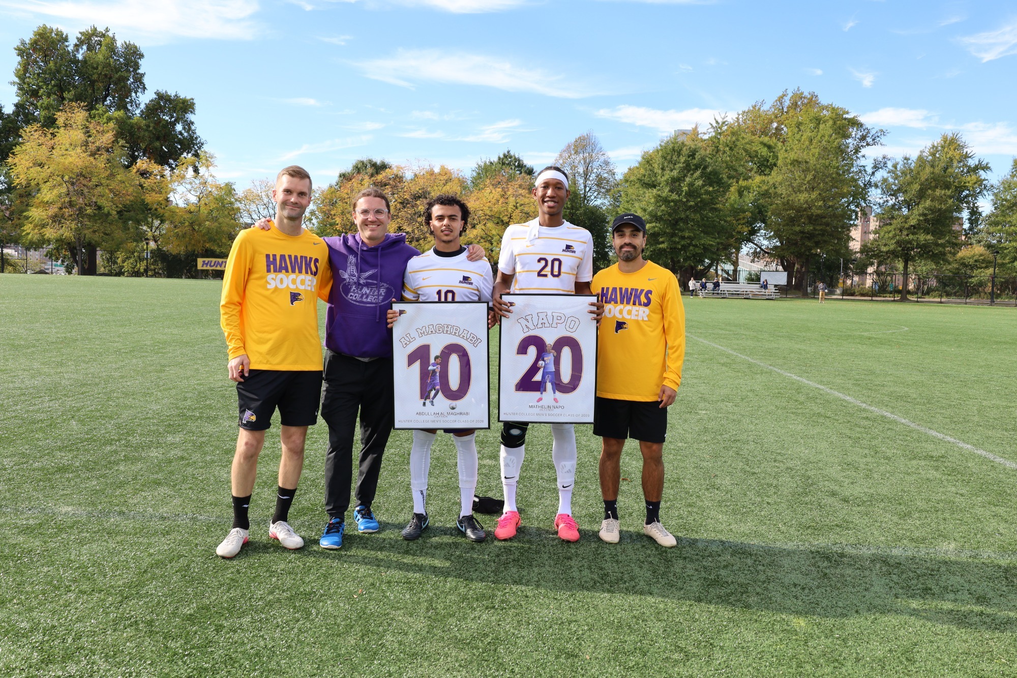 Men's soccer seniors post for a photo on Senior Day.