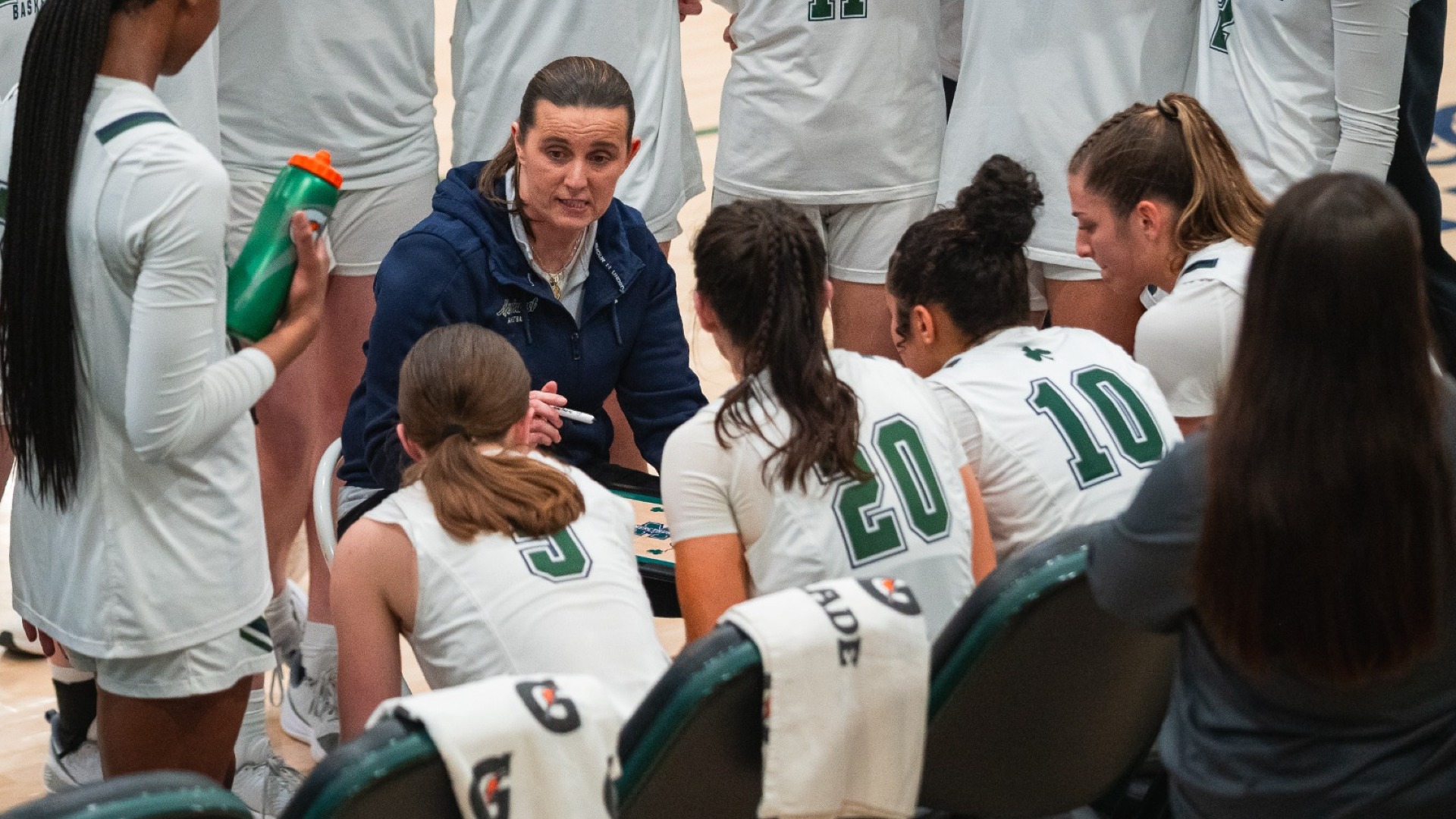 Coach Mills in bench huddle