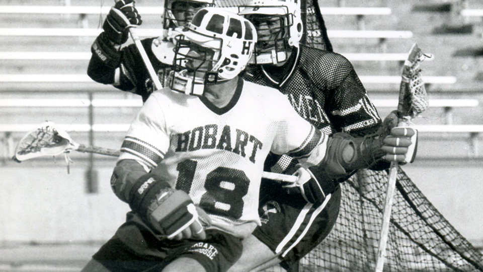 Jeff Tambroni backs down a Washington defenseman in front of the Shoremen's goal.
