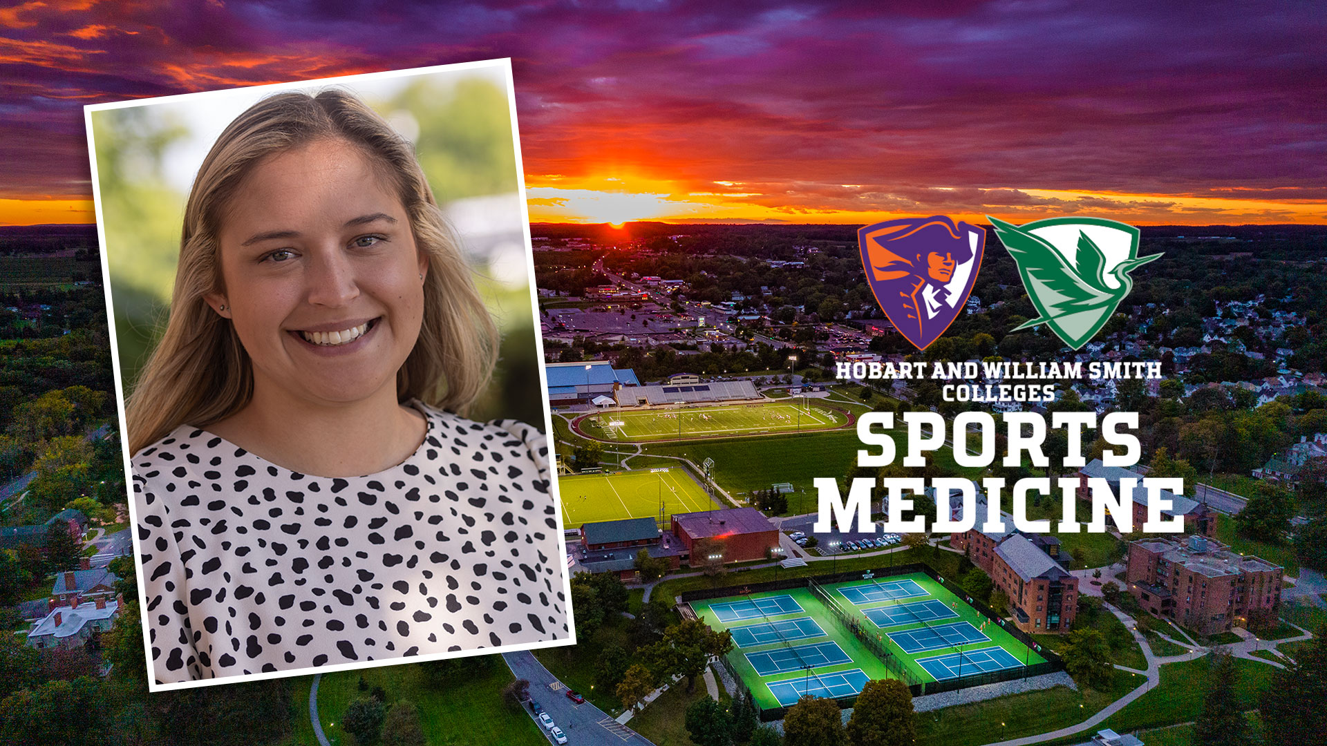 Sara Moore alongside Sports Medicine logo over sunset