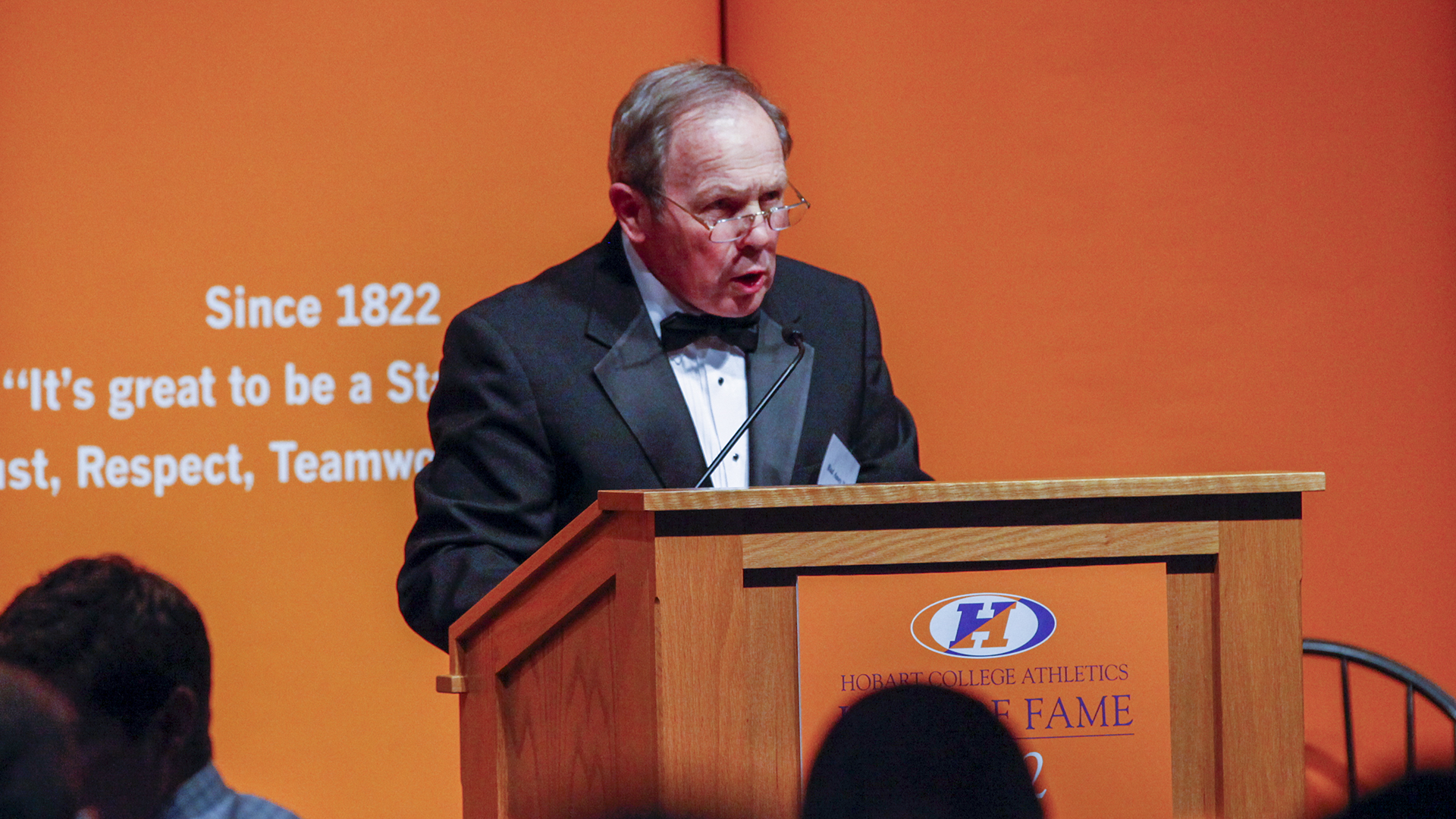 Bud Ames '64 speaks during the 2012 Hobart Hall of Fame celebration.
