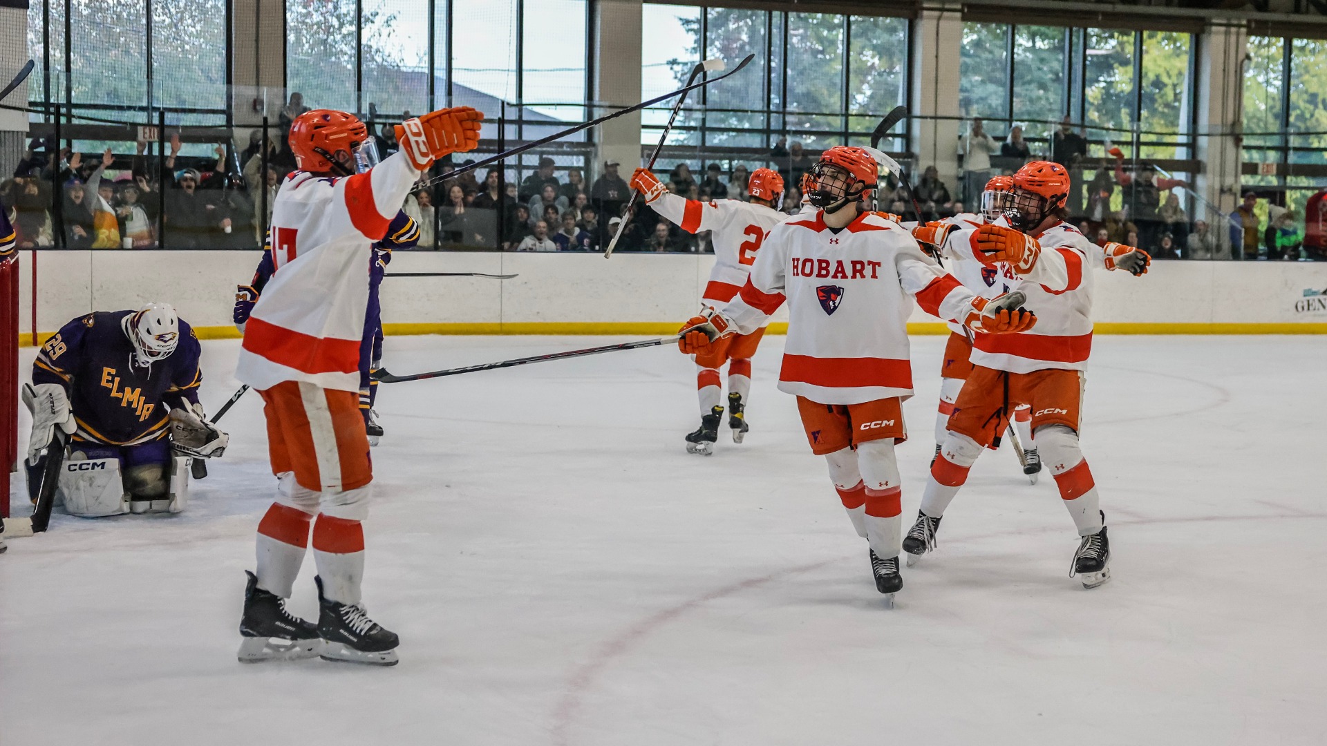 Hobart celebrates a goal against Elmira