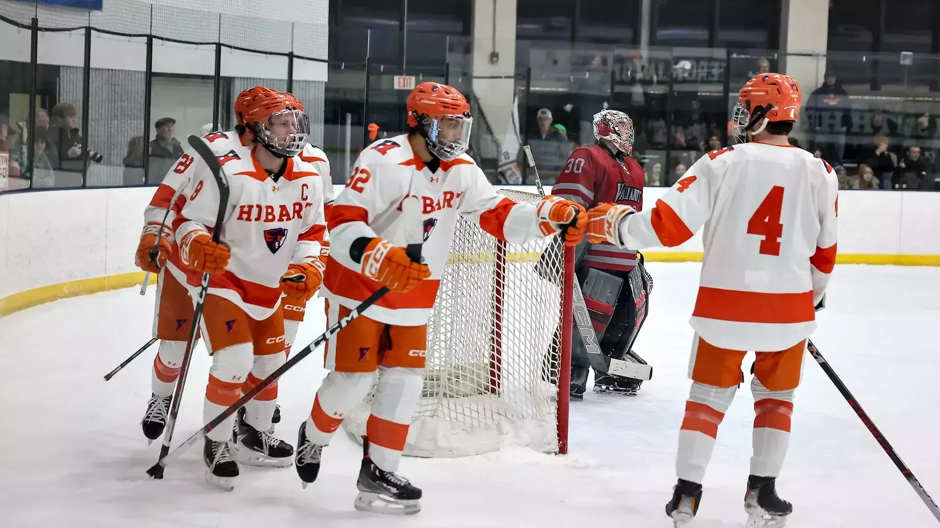 Arvega Hovsepyan and his teammtes celebrates one of his three goals against Manhattanville
