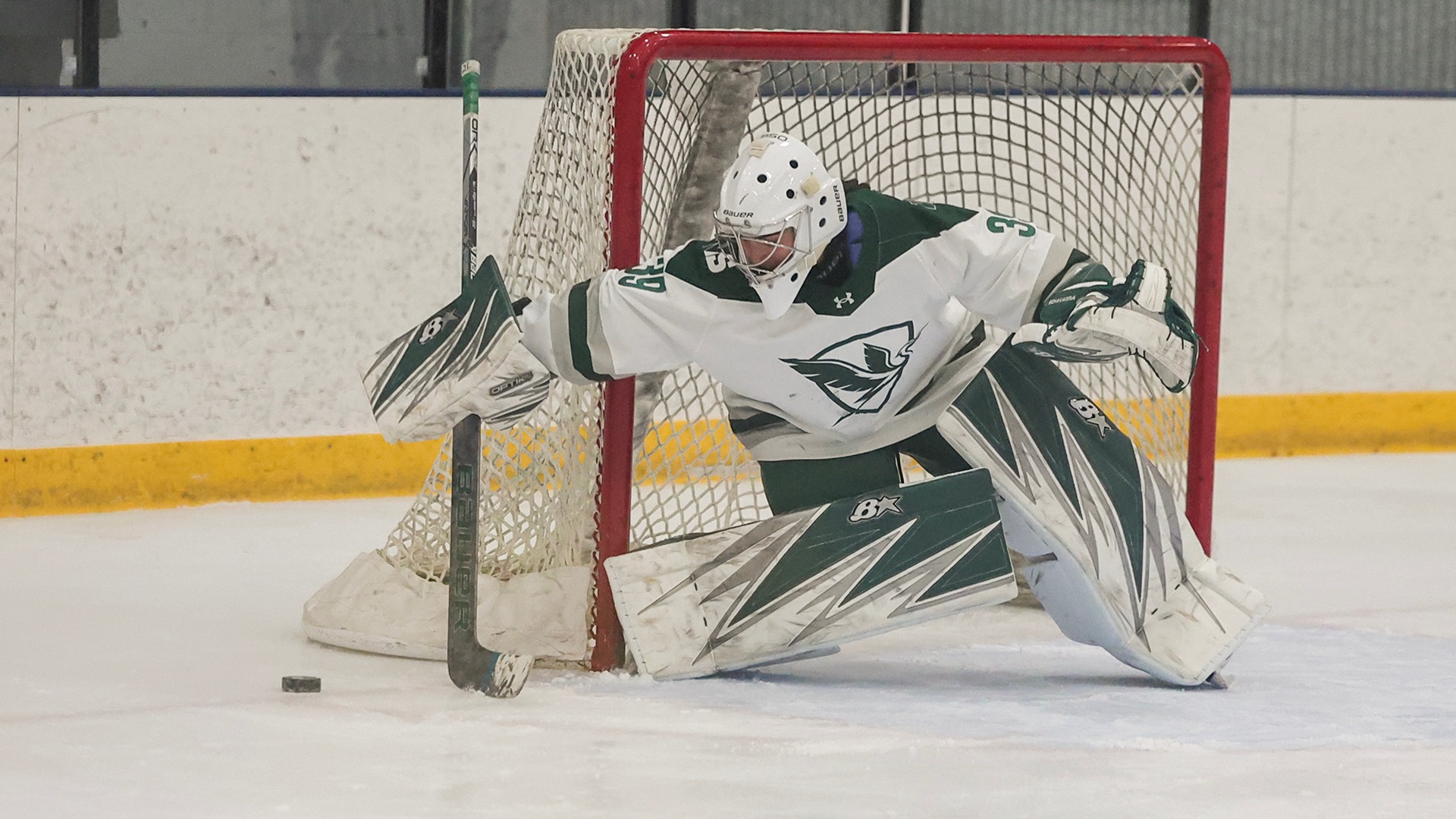 Julia Echavarria steers a puck to the end boards against Manhattanville