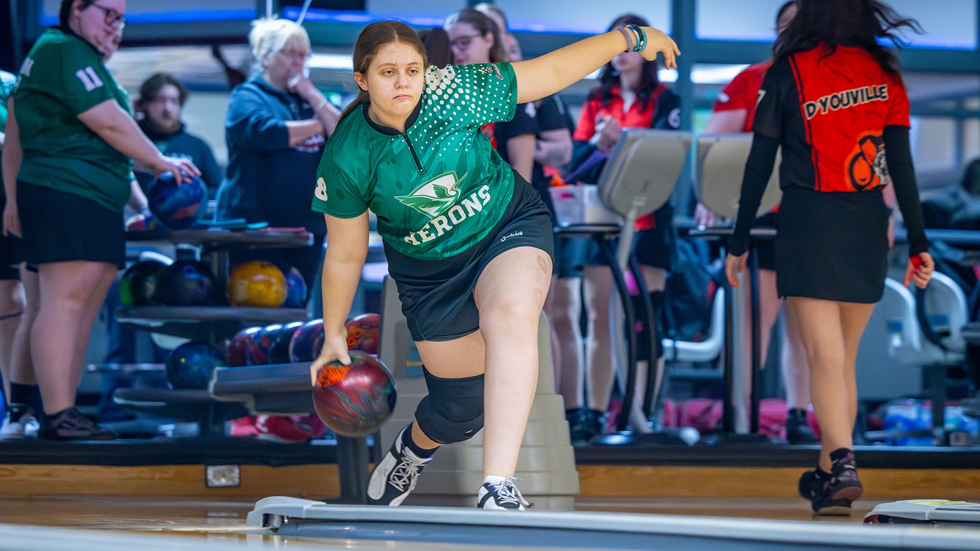 Colleen Jump bowls against D'Youville at Sunset Bowl.