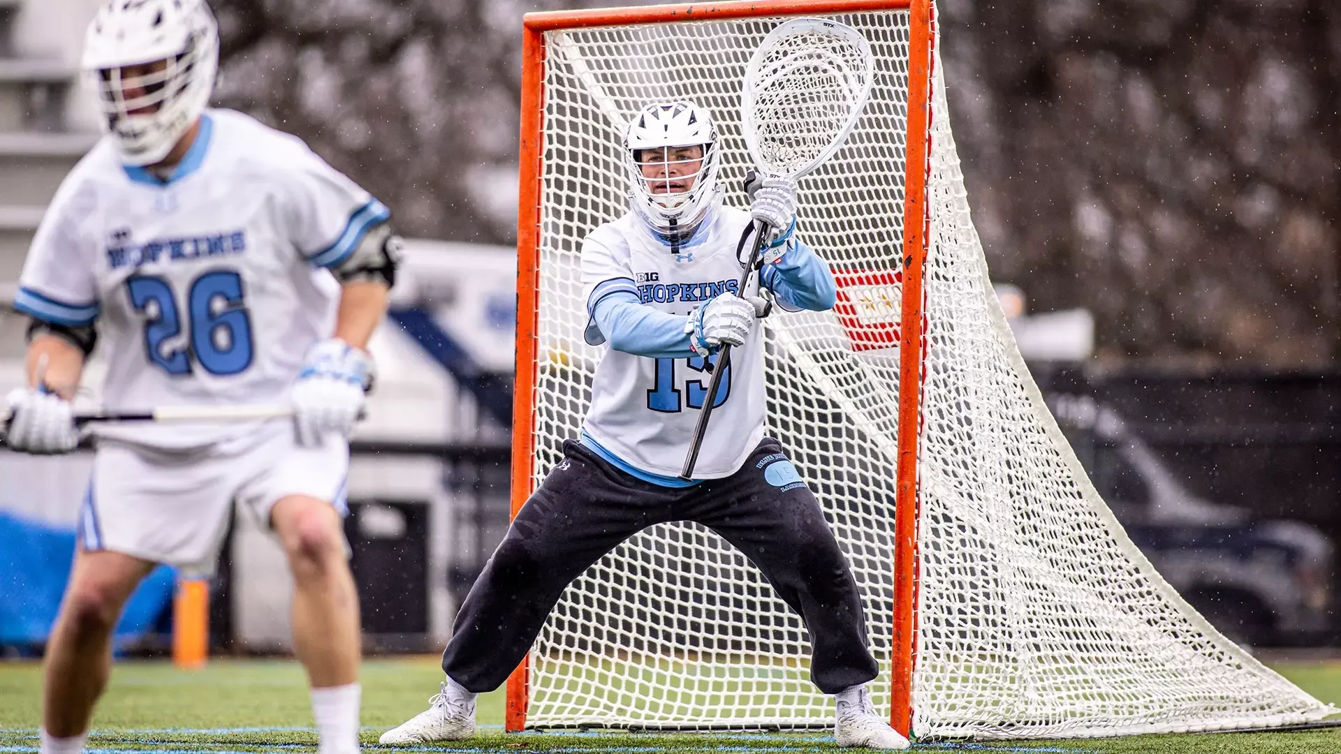 Luke Staudt stands in the Johns Hopkins' goal during a 2025 game against Georgetown.