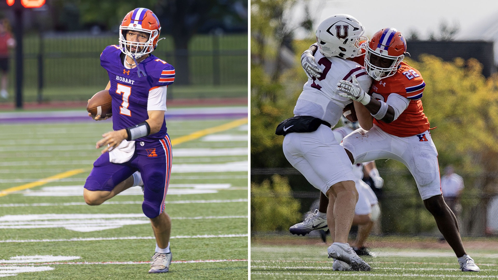 A split view image of two football players from two different games. On the left, a quarterback with an orange helmet and purple uniform runs with the football with no other players around. On the right, a linebacker in an orange helmet and jersey and white pants tackles an opponent wearing all white.