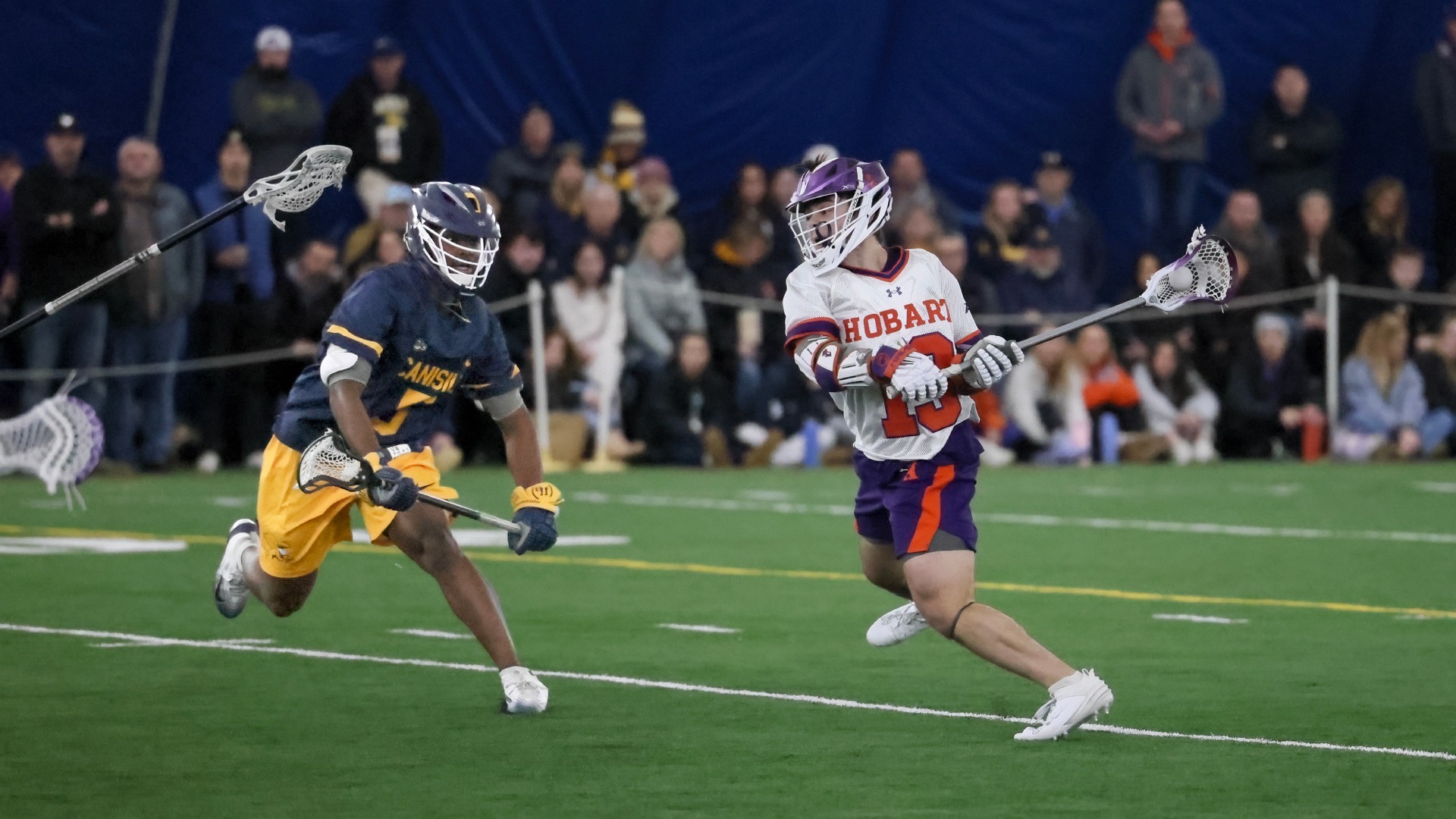 Daniel Cano unleashes a shot during the Hobart lacrosse team's season opener.