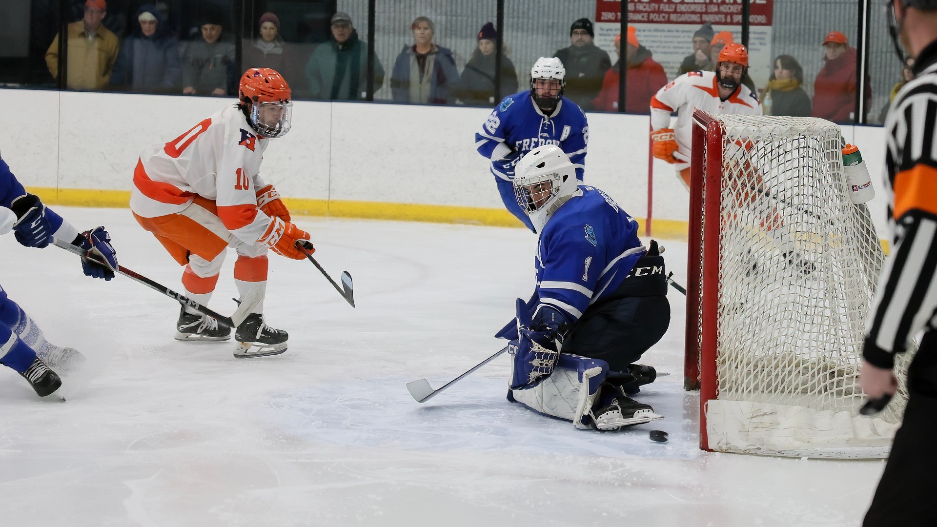 Dominic Shcimizzi redirects a shot past the Fredonia goalie