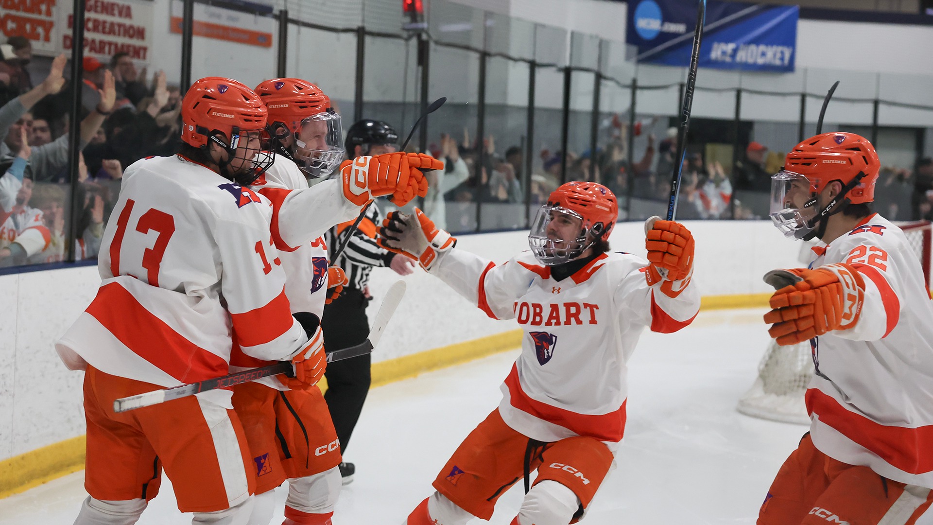 Hobart celebrates a goal against St. Norbert