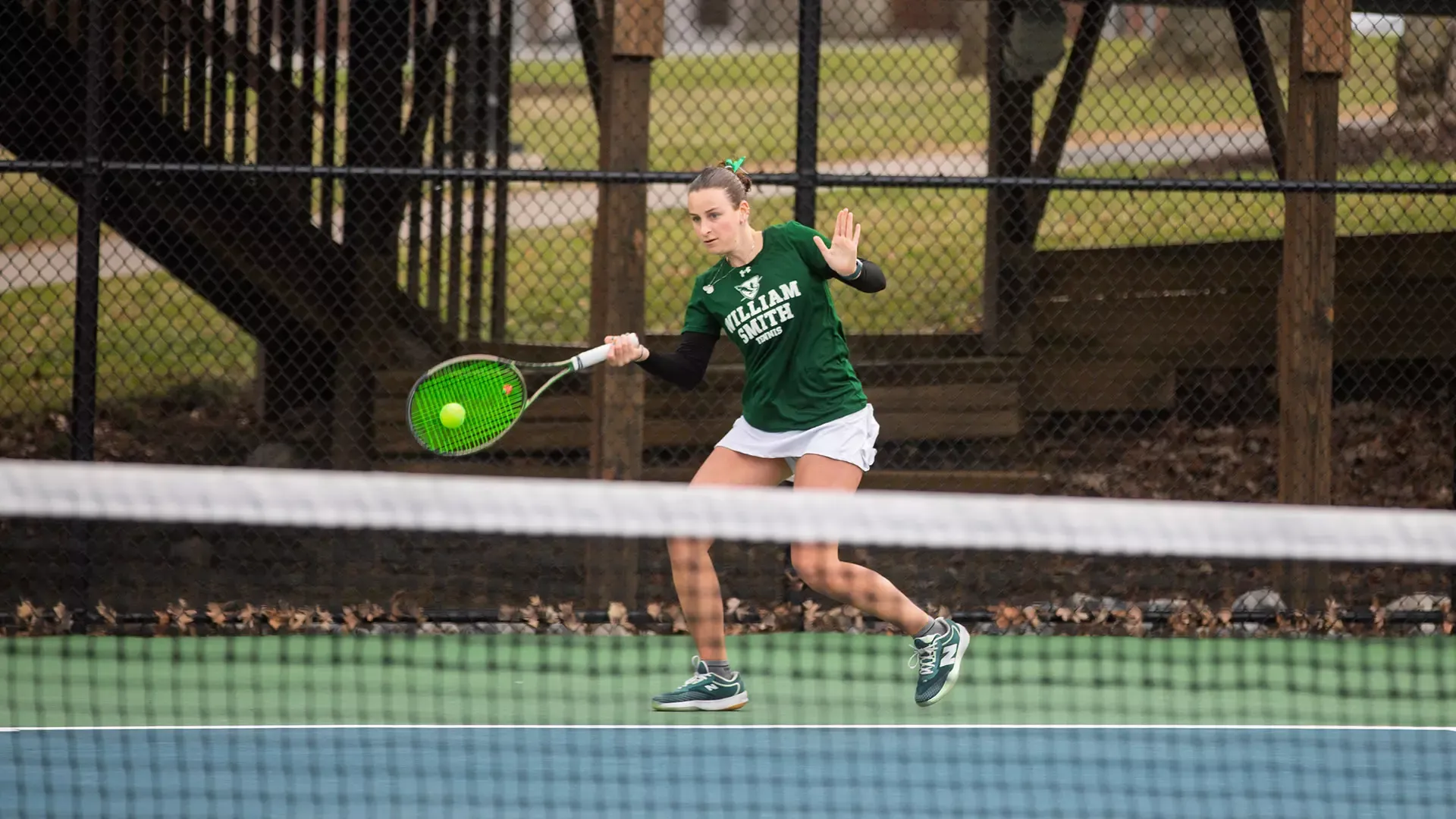 Haley Levine hits a low forehand 