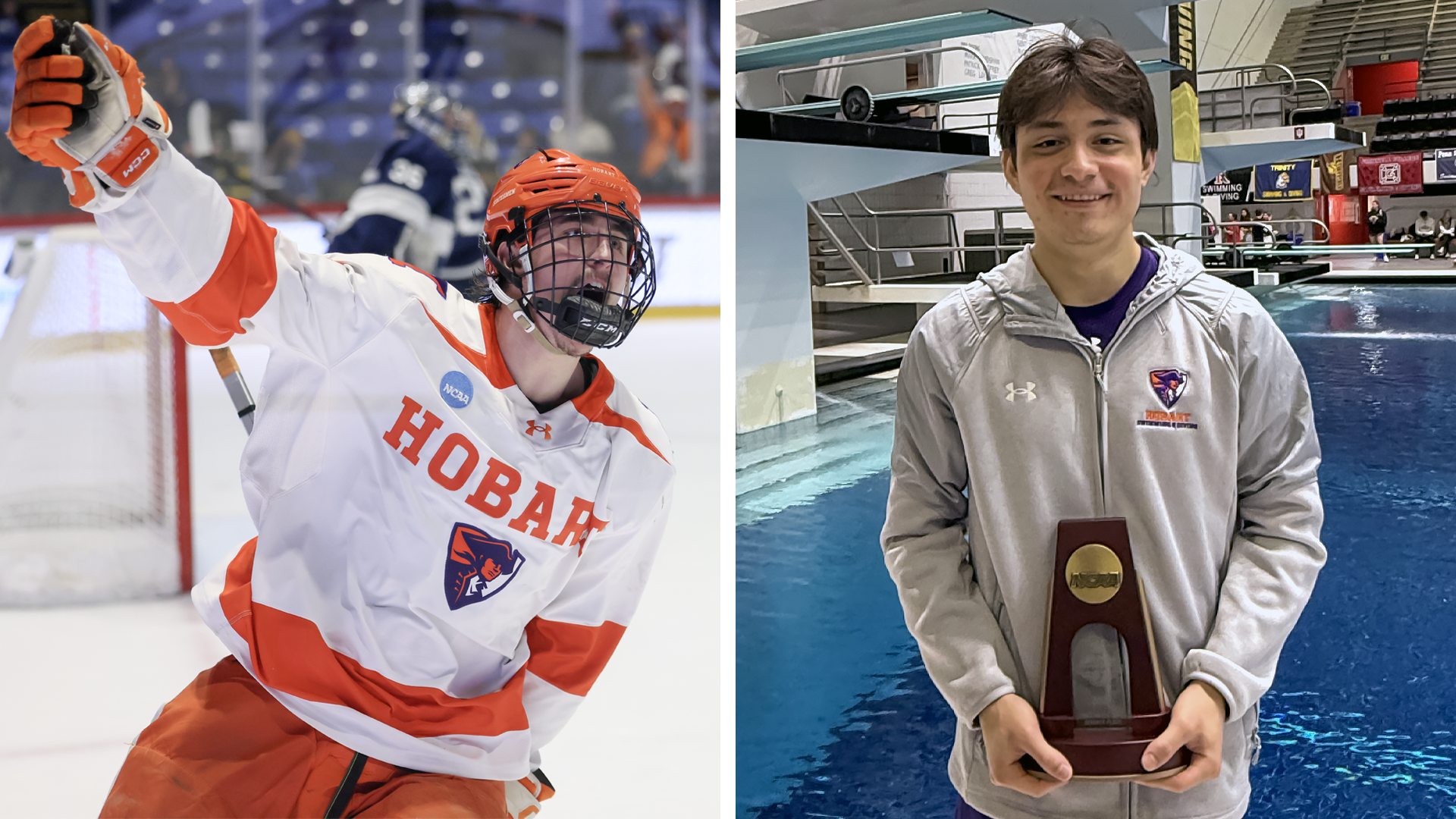 Left: Tamas Toth celebrates after scoring a breakaway goal in the NCAA semifinals. Right: Daniel Barrientos, with his NCAA seventh place trophy, stands in front of the Indiana Natatorium.