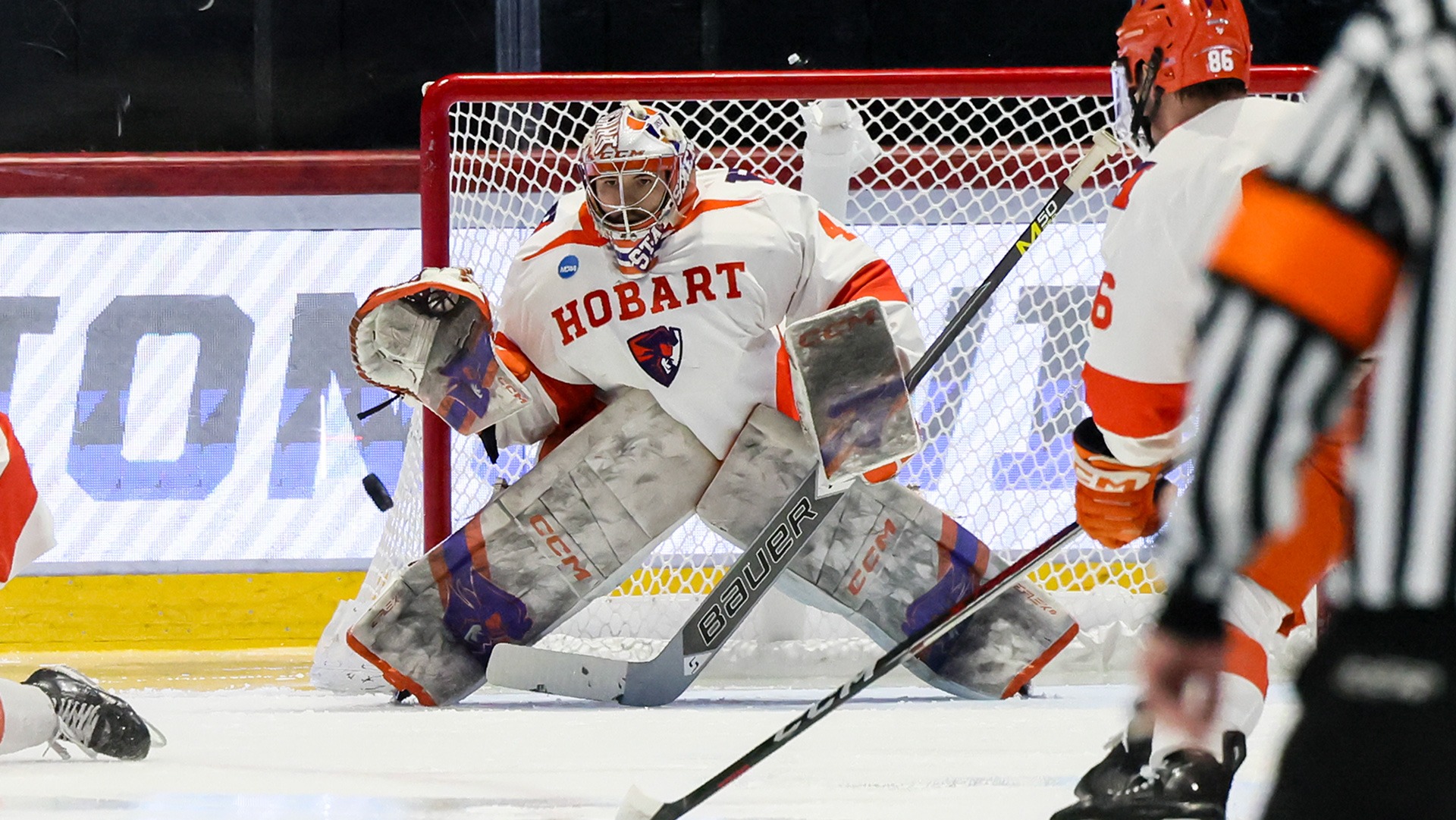 Damon Beaver prepares to make a save against UW-Stout