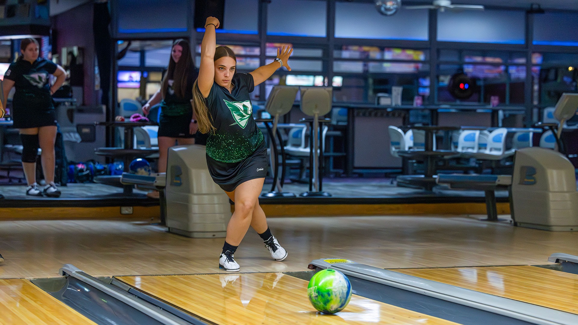 Sarah Shoobe finishes her follow through while bowling at Sunset Bowl.