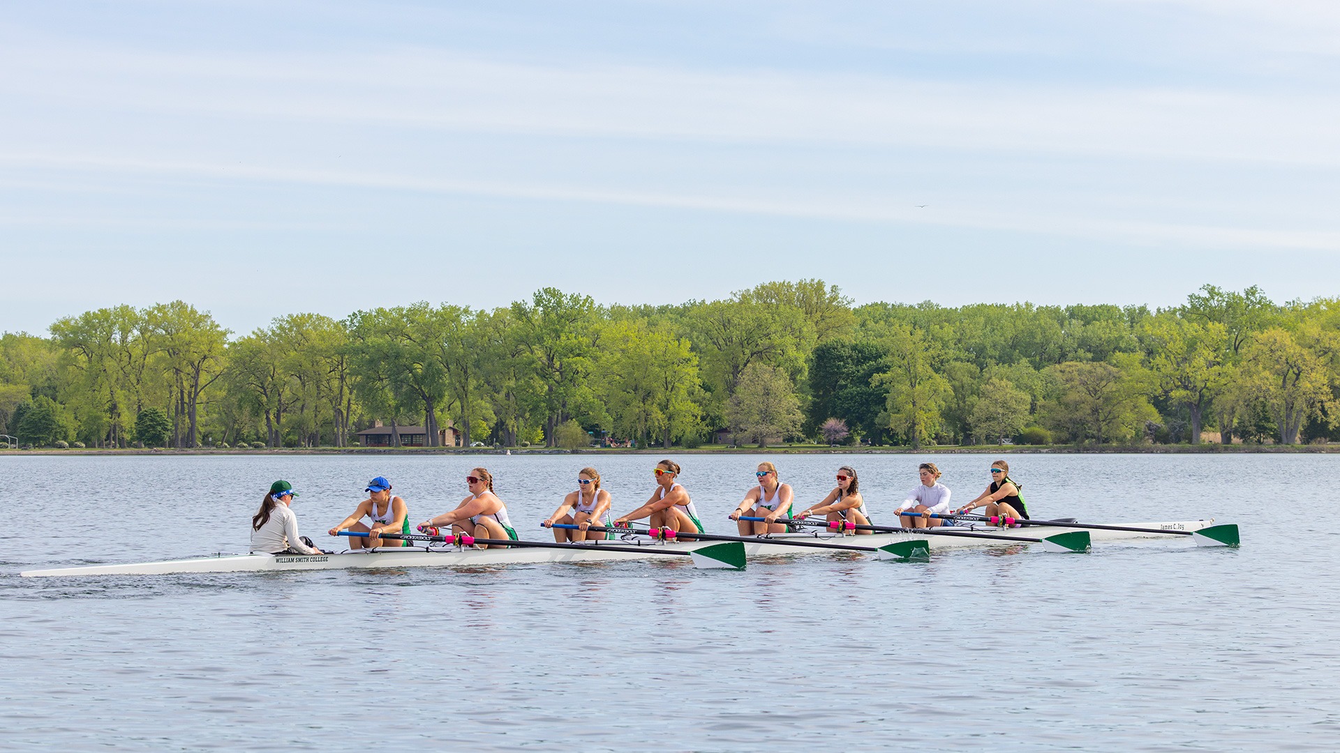 Varsity eight practices on Seneca Lake