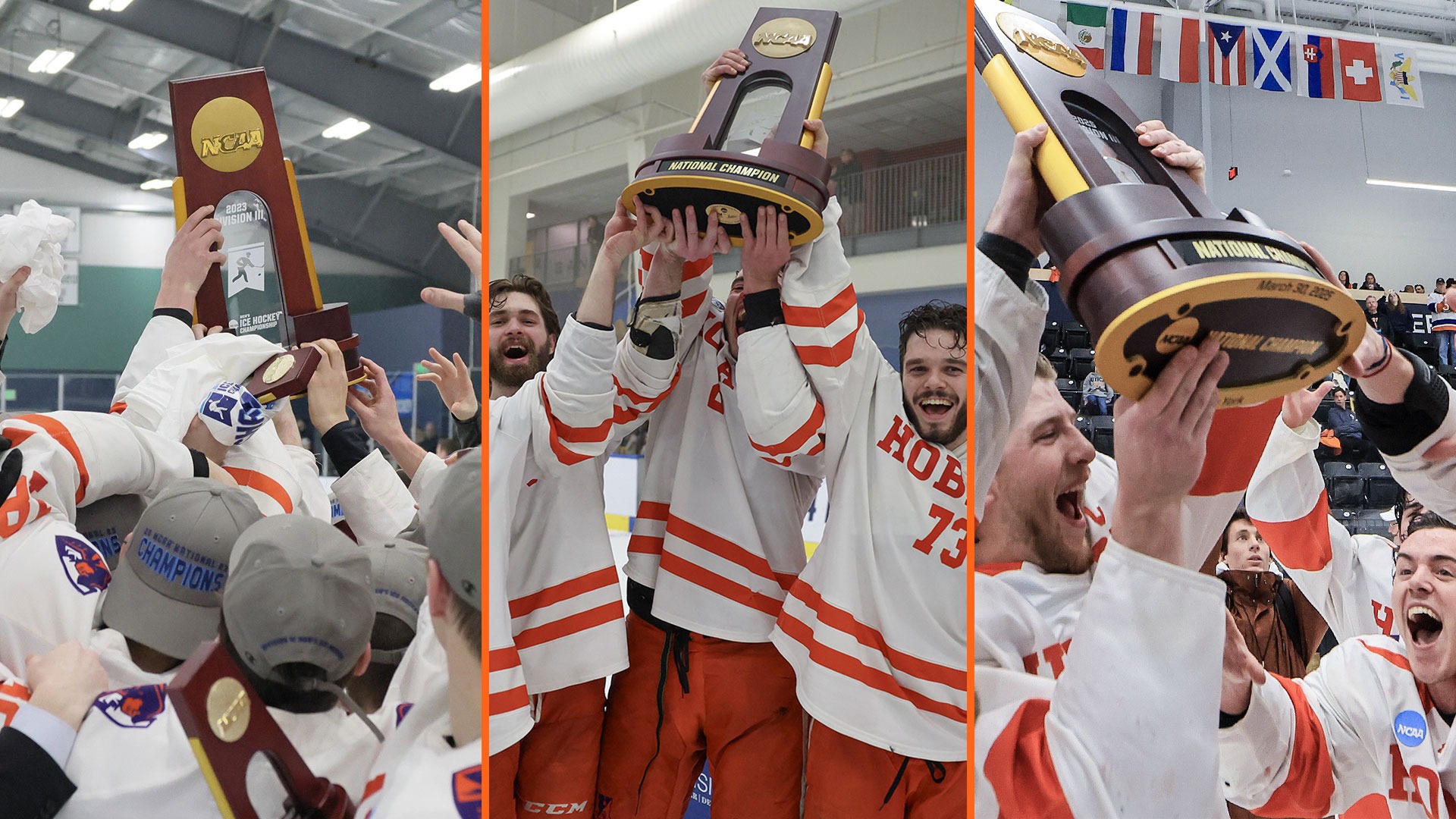 Three pictures of Hobart hockey players hoisting the national championship trophy in 2023, 2024 and 2025