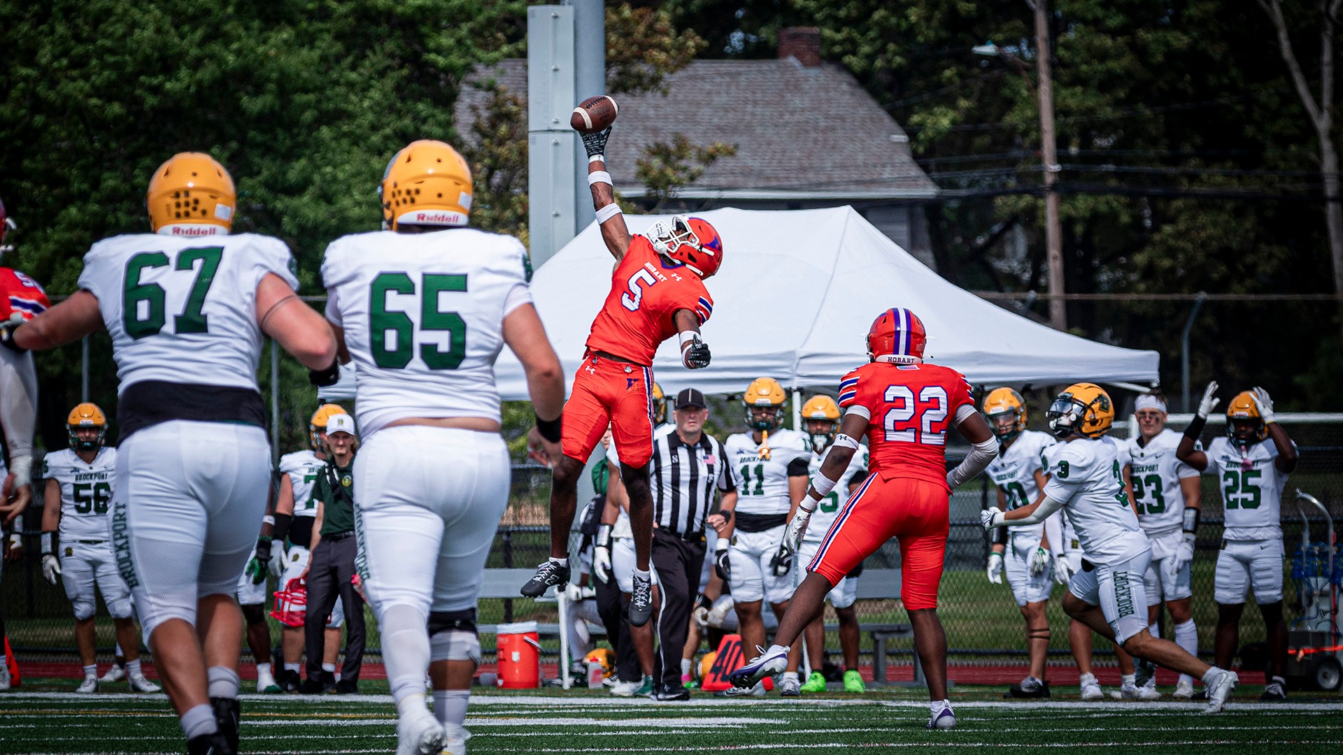 Zeshan Dixon makes a leaping, one-handed interception.