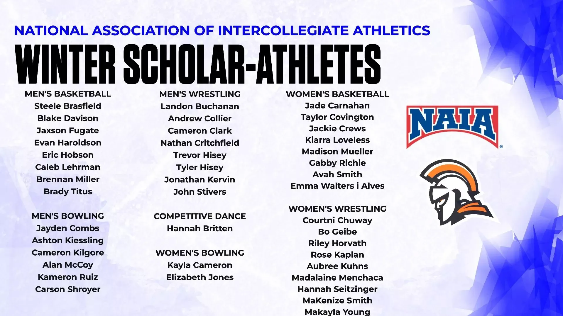 2025-26 Winter Sport NAIA Scholar Athletes