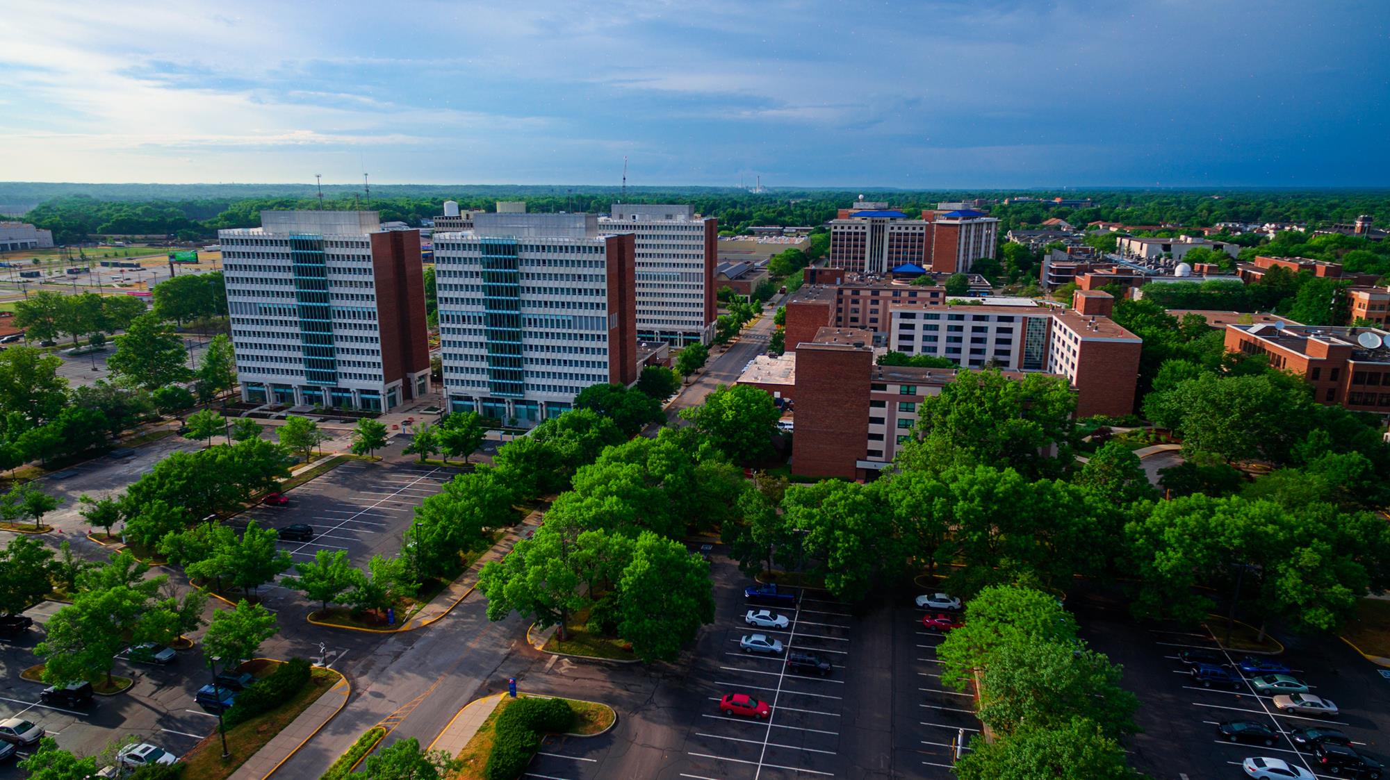 Aerial image looking north into campus with Sycamore Towers on the left and Burford Hall on the right.