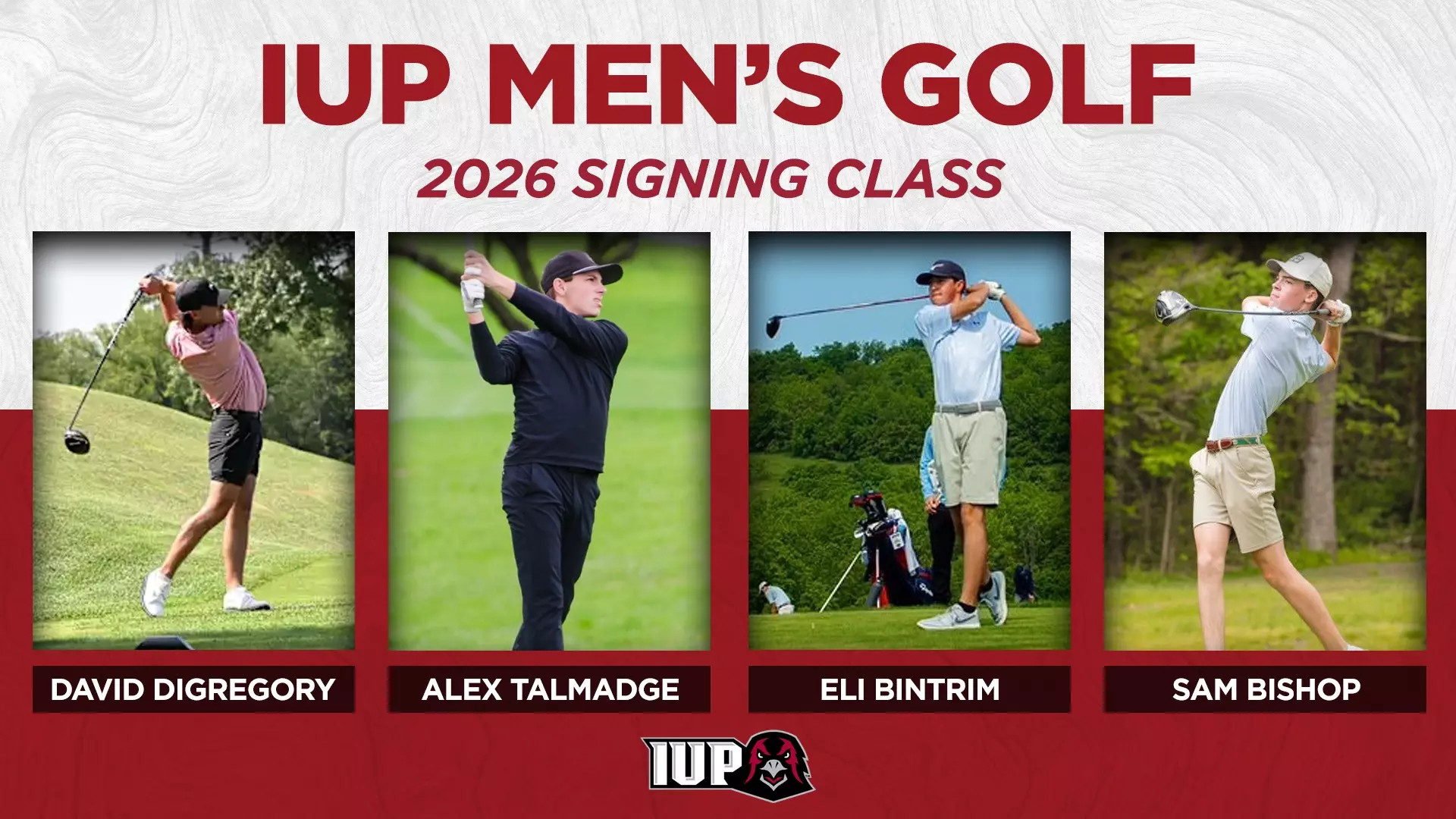 An image depicting the 2026 signing class for IUP men's golf, featuring David DiGregory, Alex Talmadge, Eli Bintrim and Sam Bishop from left to right.