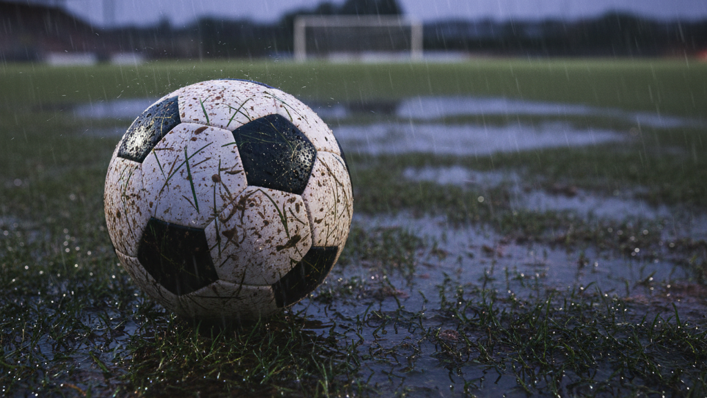 Soccer ball on empty rain soaked field