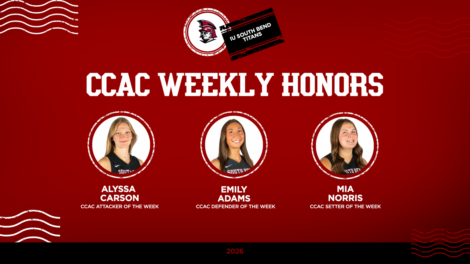 CCAC WEEKLY HONORS VB - CARSON, ADAMS, NORRIS