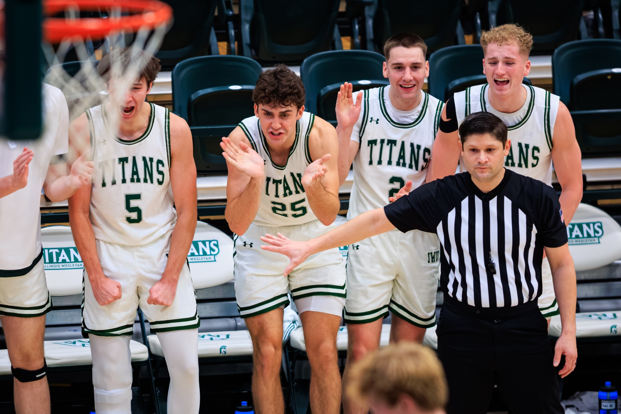 BLOOMINGTON, IL - NCAA Basketball - #6 Illinois Wesleyan vs. UW-Stout at Shirk Center on November 29, 2025. UW-Stout defeated #6 Illinois Wesleyan, 66-58. (Photo by Jimmy Naprstek/Kodiak Creative)