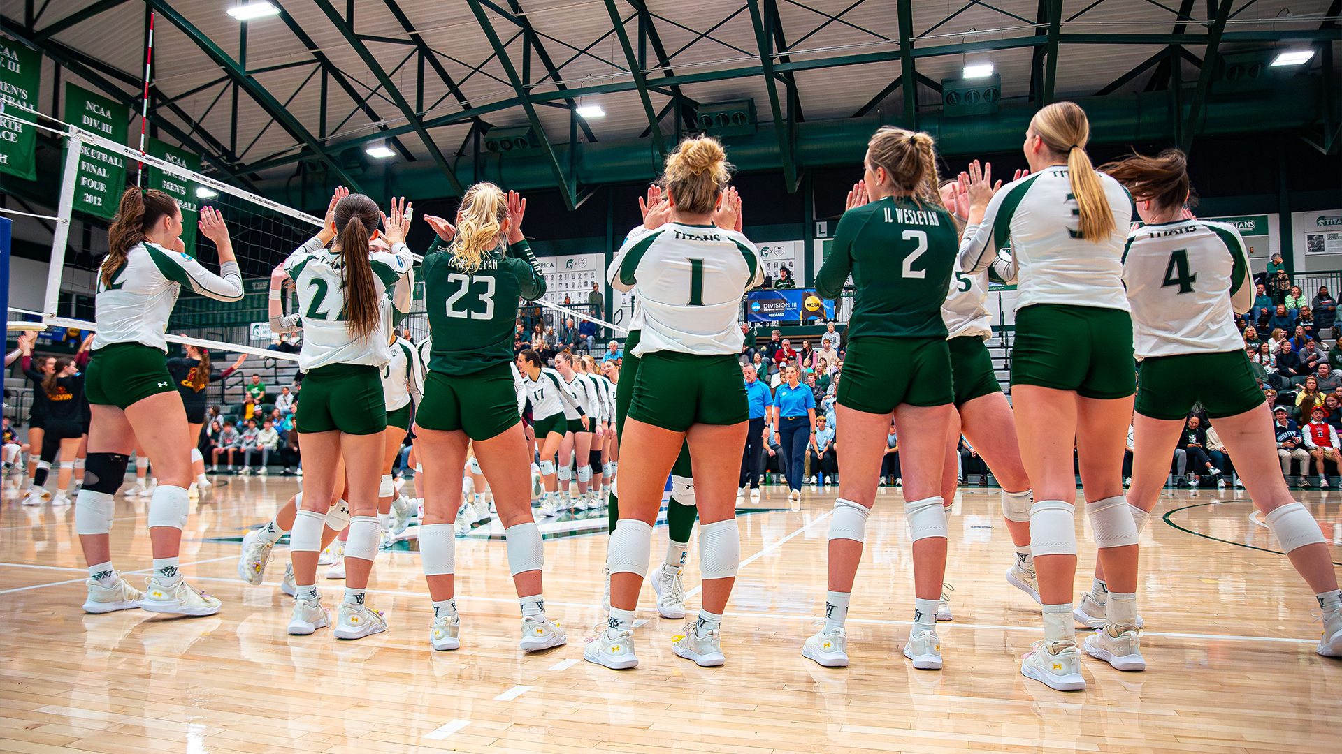 Pre-match high fives before taking on Calvin in NCAA Regional Championship Nov. 22, 2025