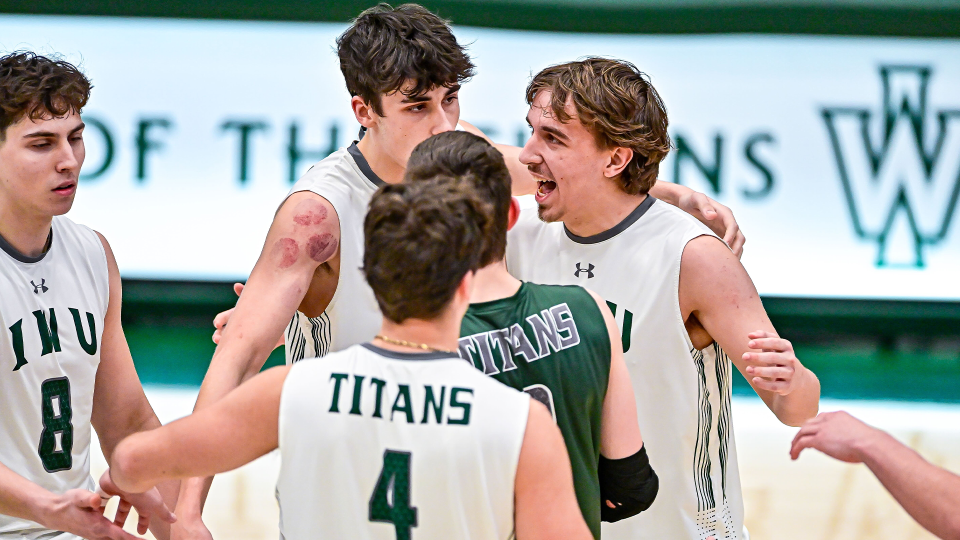 Men's volleyball celebrates a point against Rockford Jan. 27, 2026