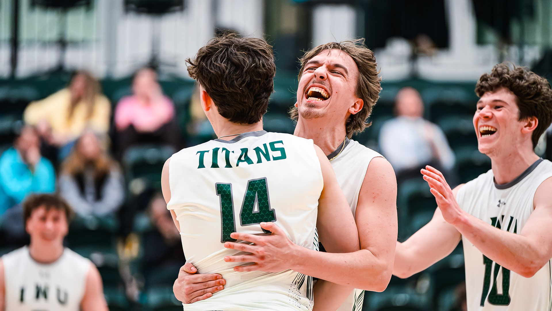 Ethan Keutzer celebrating a block by Bram Eggen against Rockford Jan. 27, 2026